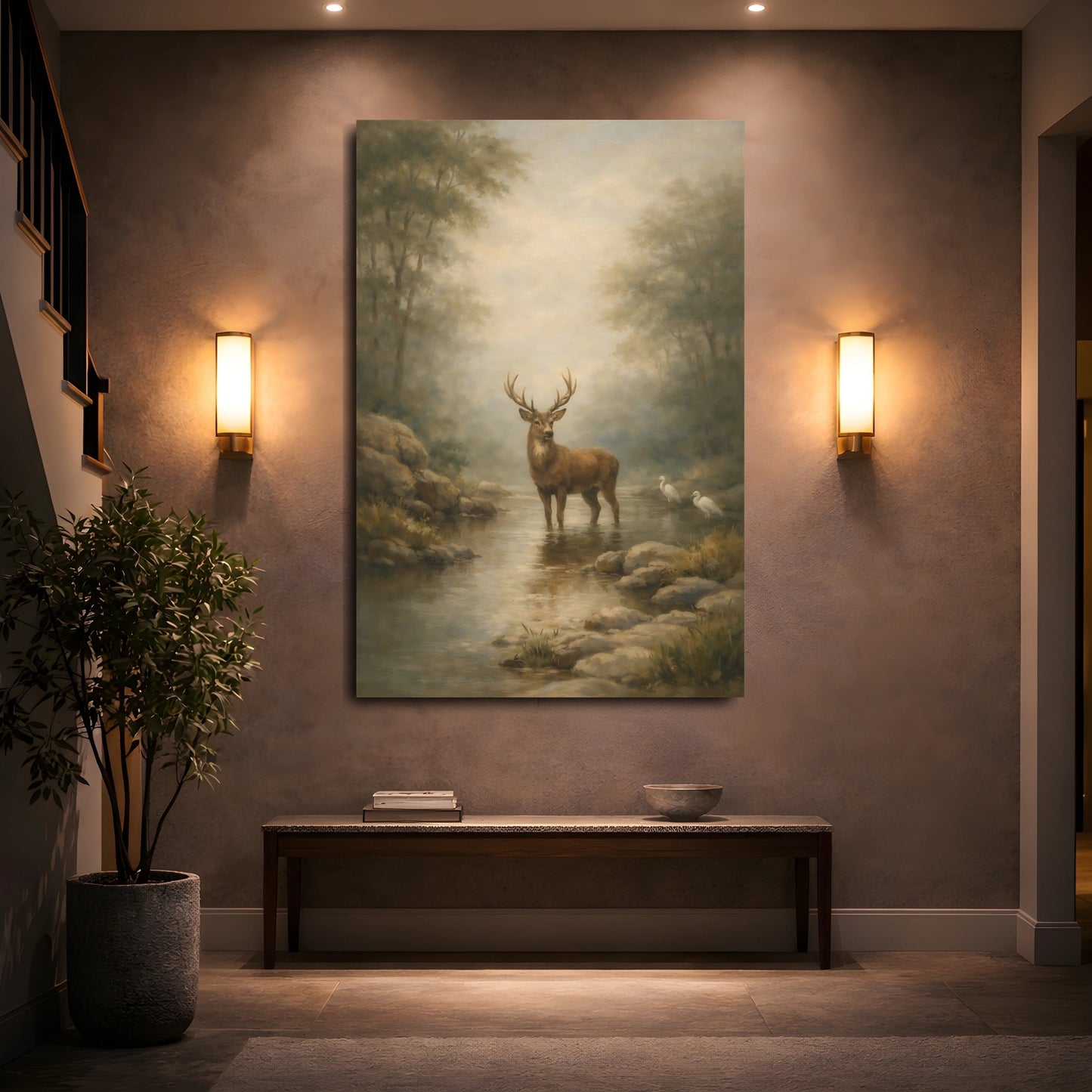 Mockup 4. Nature Stag Misty Forest Deer shown as stretched canvas wall art