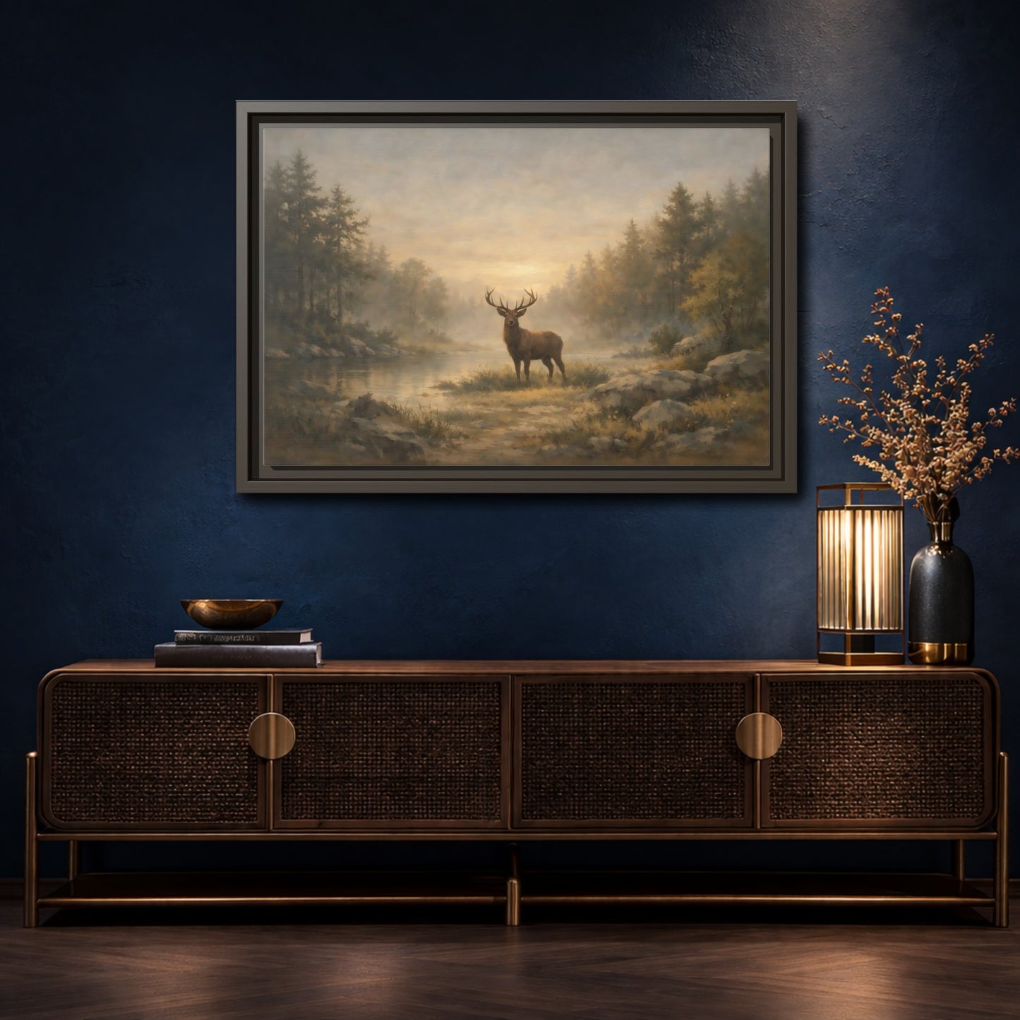 Mockup 4. Nature Stag Misty Forest Deer shown as stretched canvas wall art