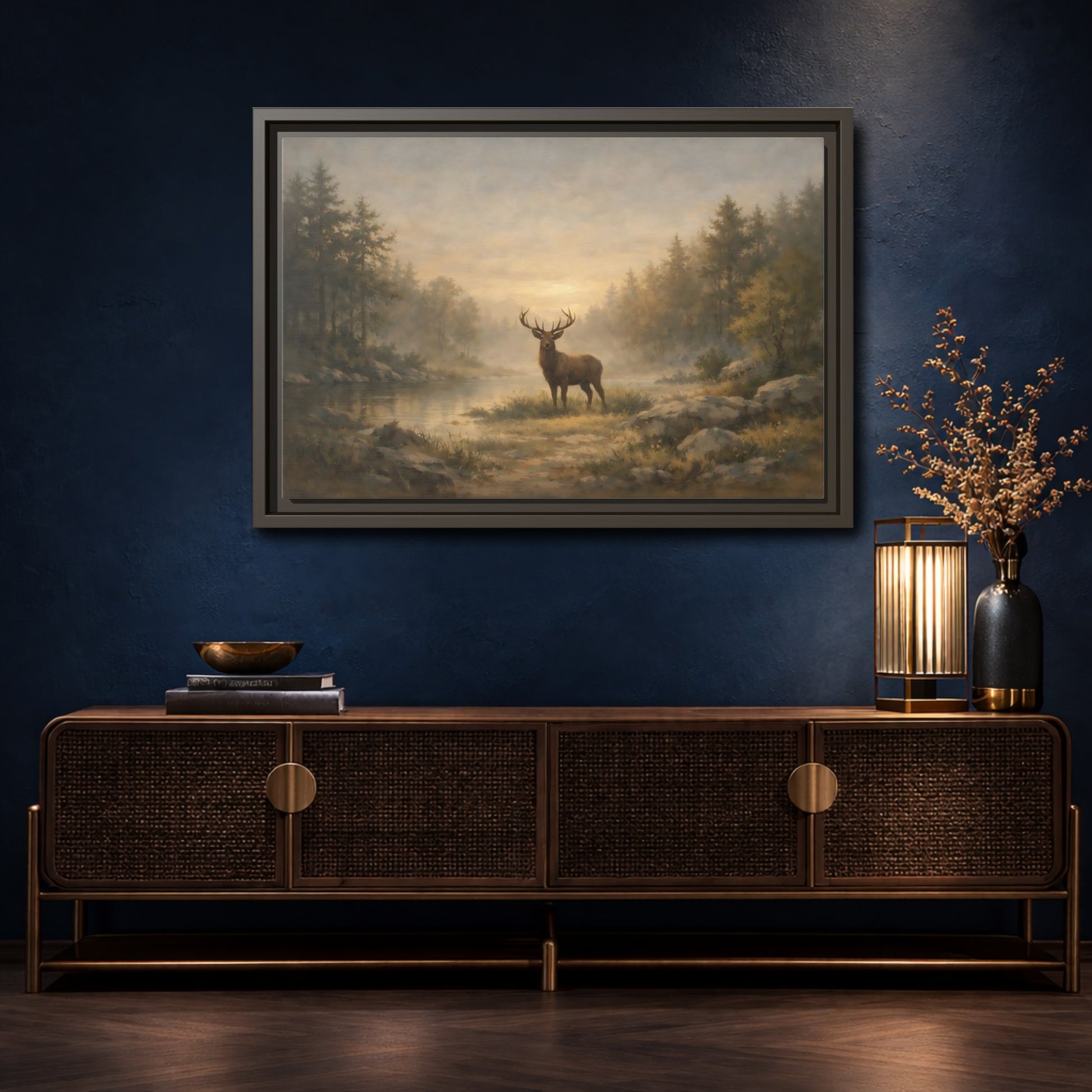 Mockup 4. Nature Stag Misty Forest Deer shown as stretched canvas wall art