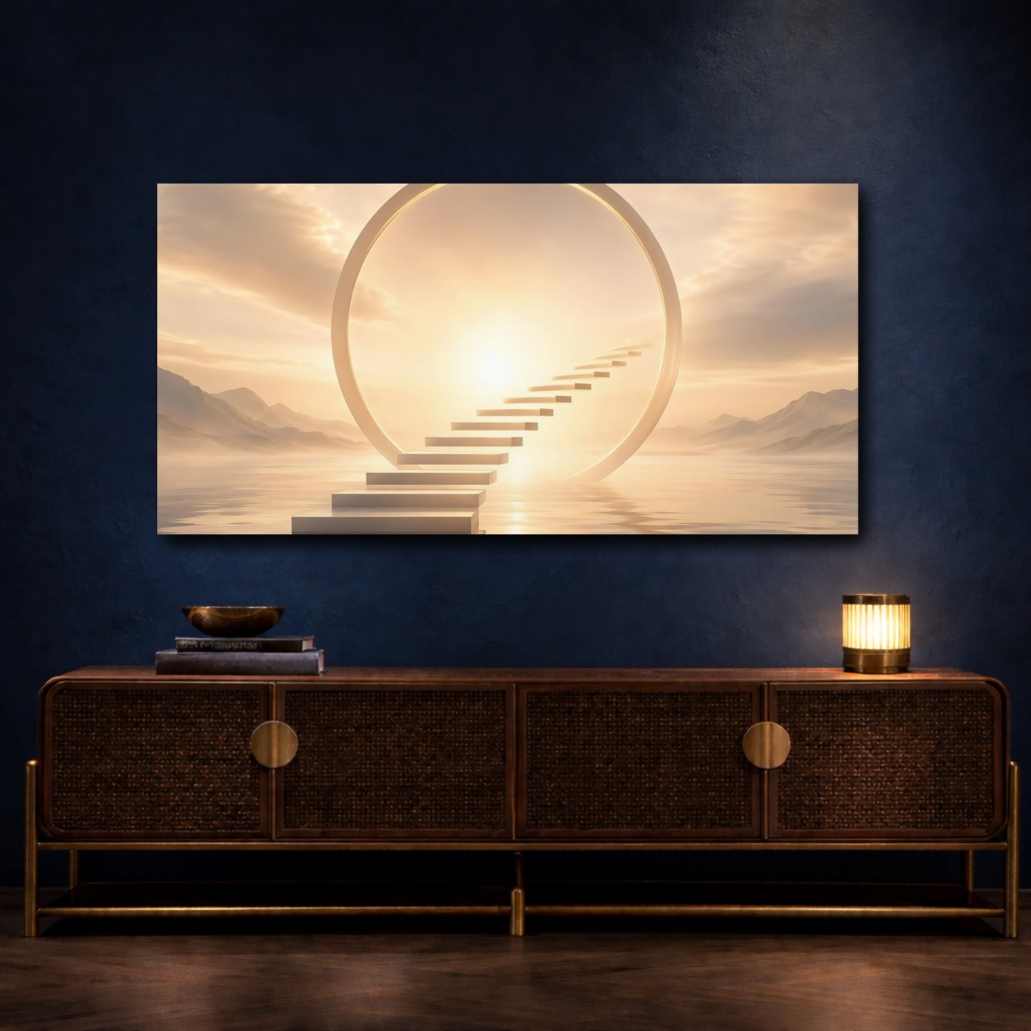 Mockup 3. Nature Stairway Golden Path shown as stretched canvas wall art