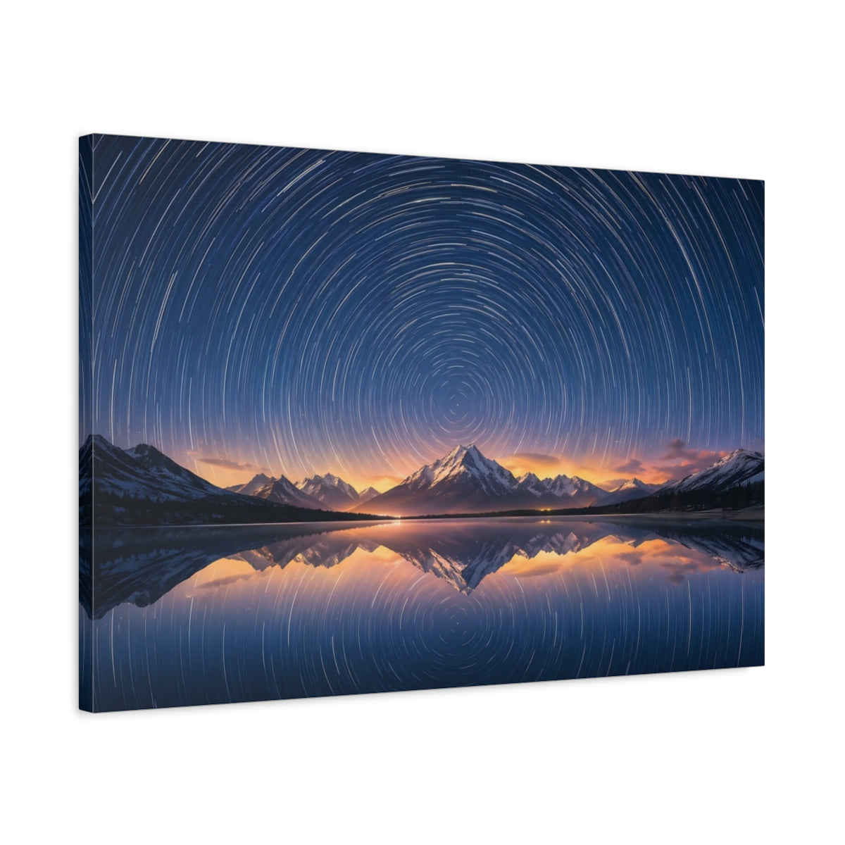 Side Mockup 2. Nature Star Trails Blue And Orange shown as stretched canvas wall art