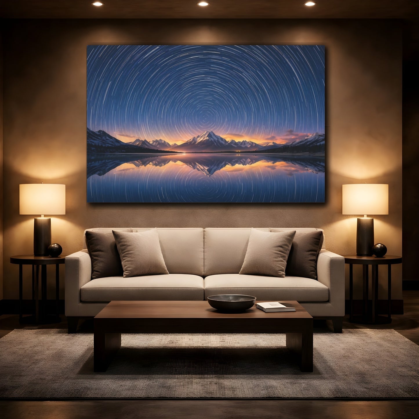 Mockup 2. Nature Star Trails Blue And Orange shown as stretched canvas wall art