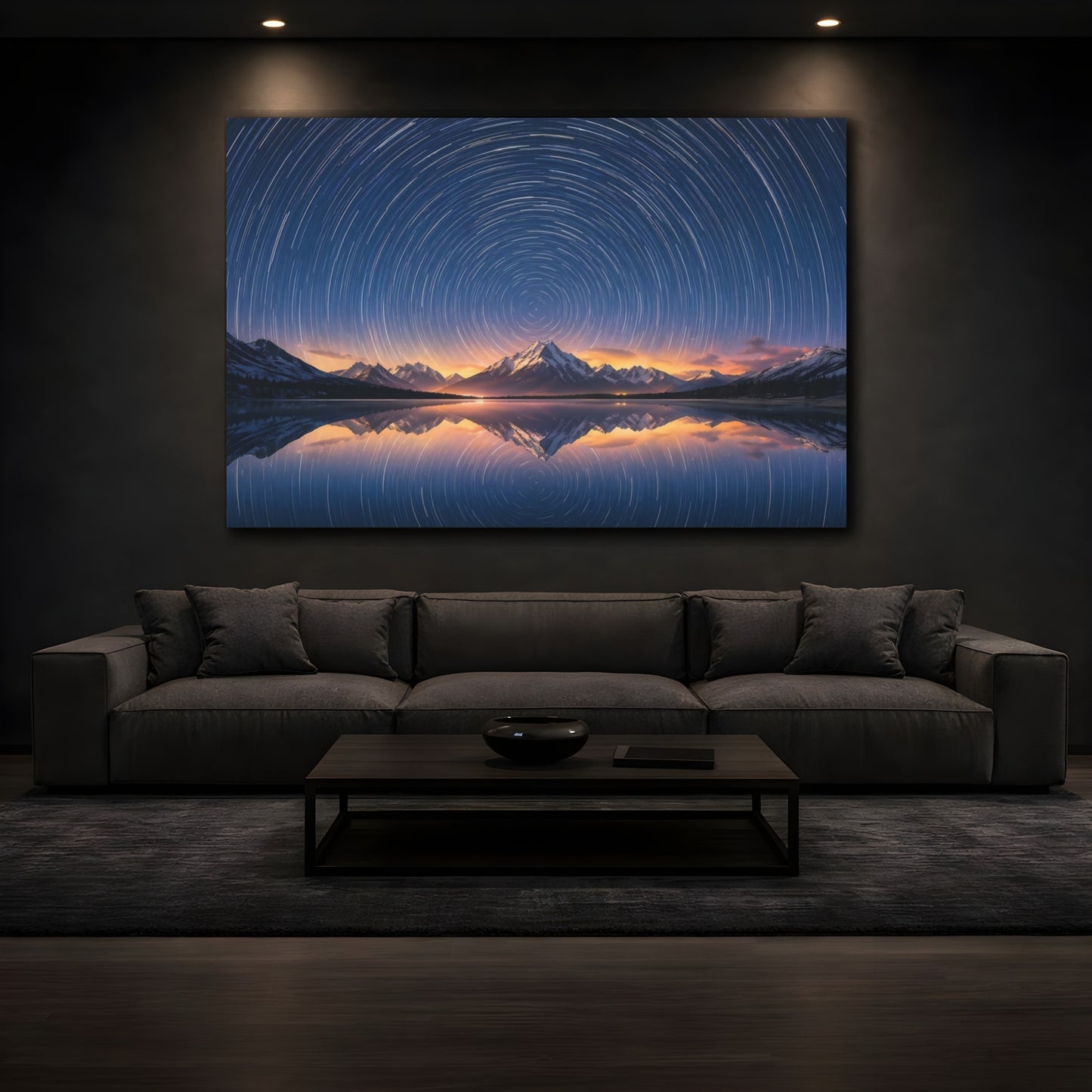 Mockup 3. Nature Star Trails Blue And Orange shown as stretched canvas wall art
