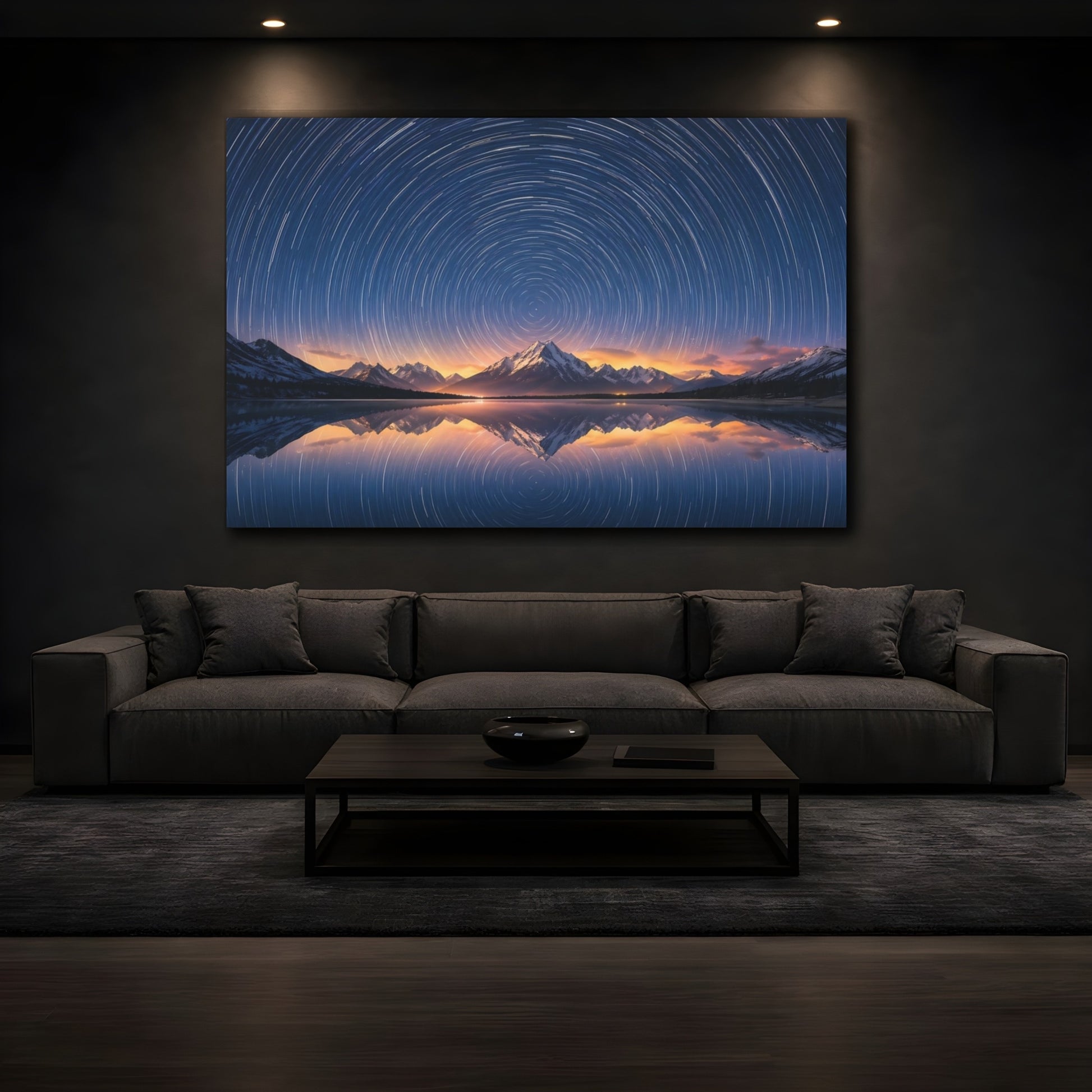 Mockup 3. Nature Star Trails Blue And Orange shown as stretched canvas wall art