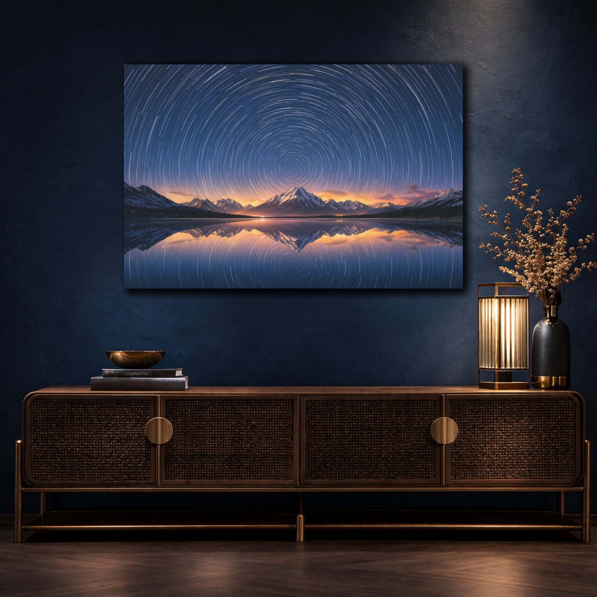 Mockup 4. Nature Star Trails Blue And Orange shown as stretched canvas wall art