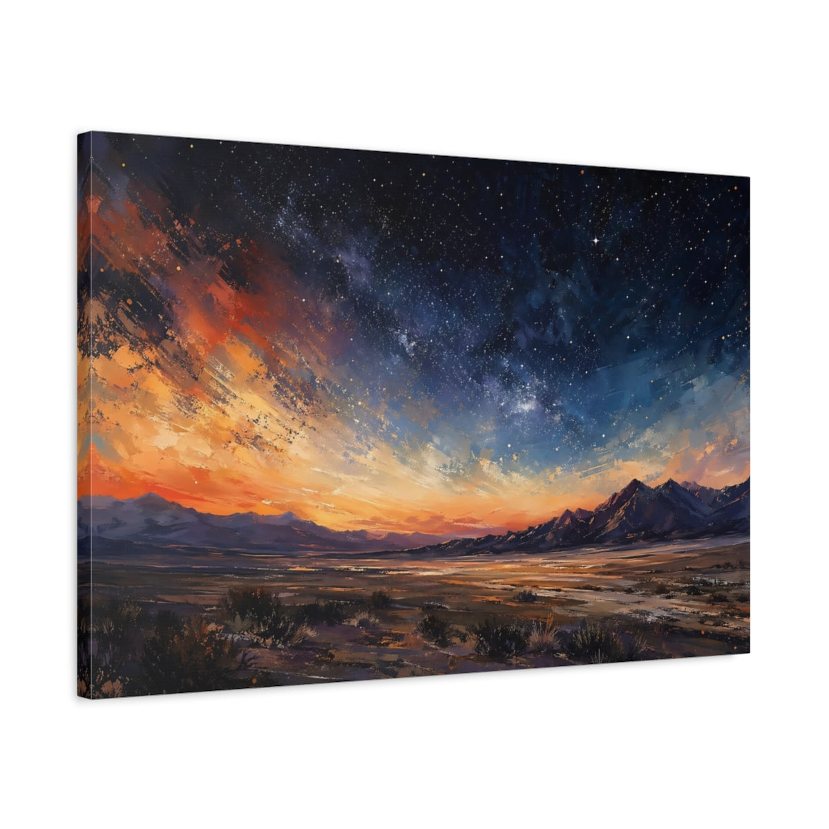 Side Mockup 2. Nature Starry Desert Orange Blue Sky shown as stretched canvas wall art