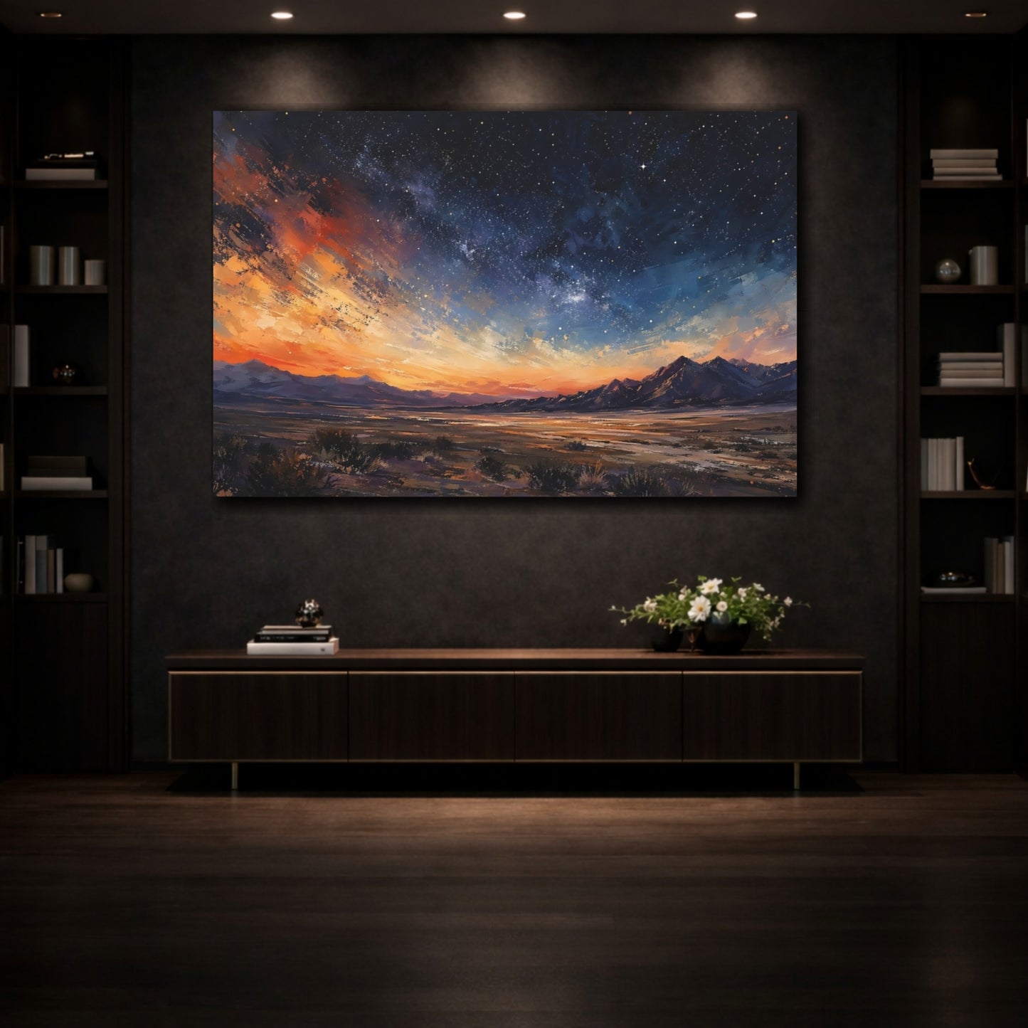 Mockup 3. Nature Starry Desert Orange Blue Sky shown as stretched canvas wall art