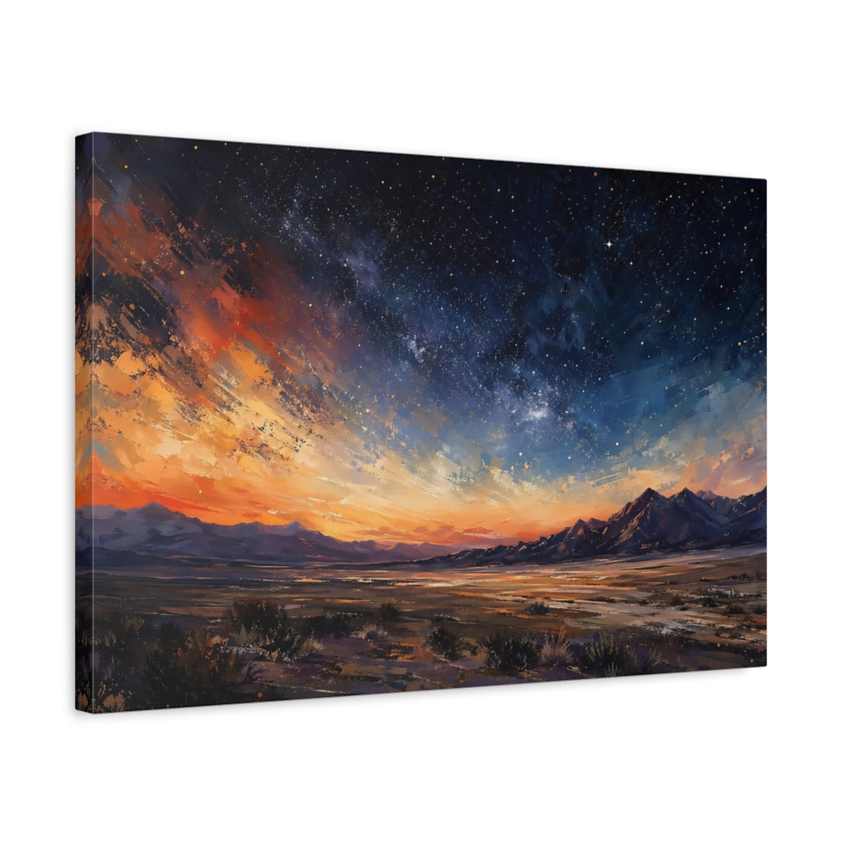 Side Mockup 3. Nature Starry Landscape Orange Blue Landscape shown as stretched canvas wall art