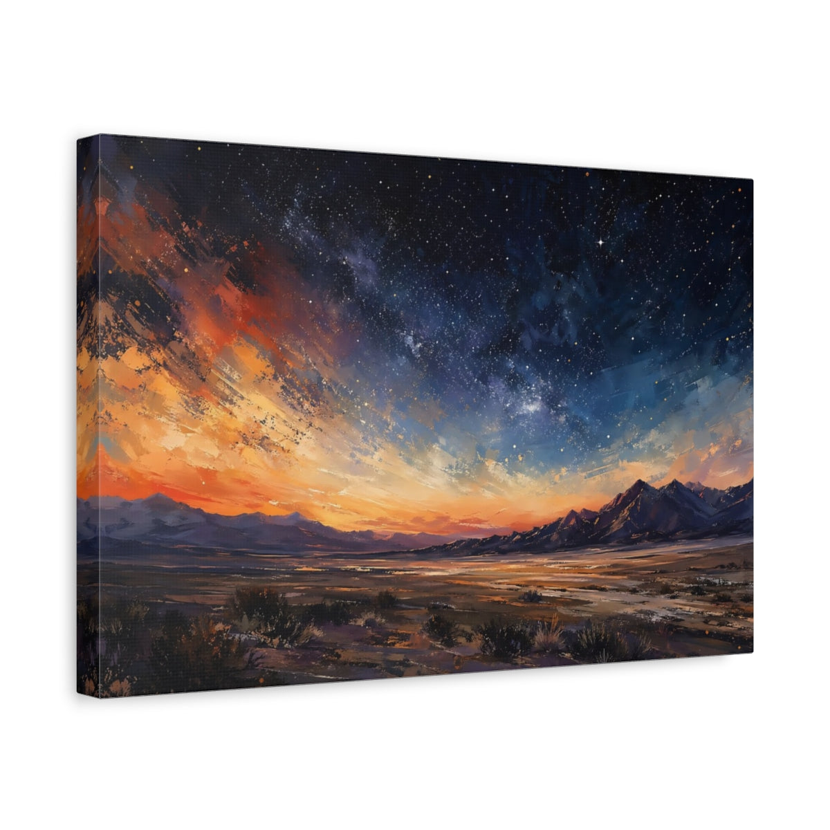 Side Mockup 4. Nature Starry Landscape Orange Blue Landscape shown as stretched canvas wall art
