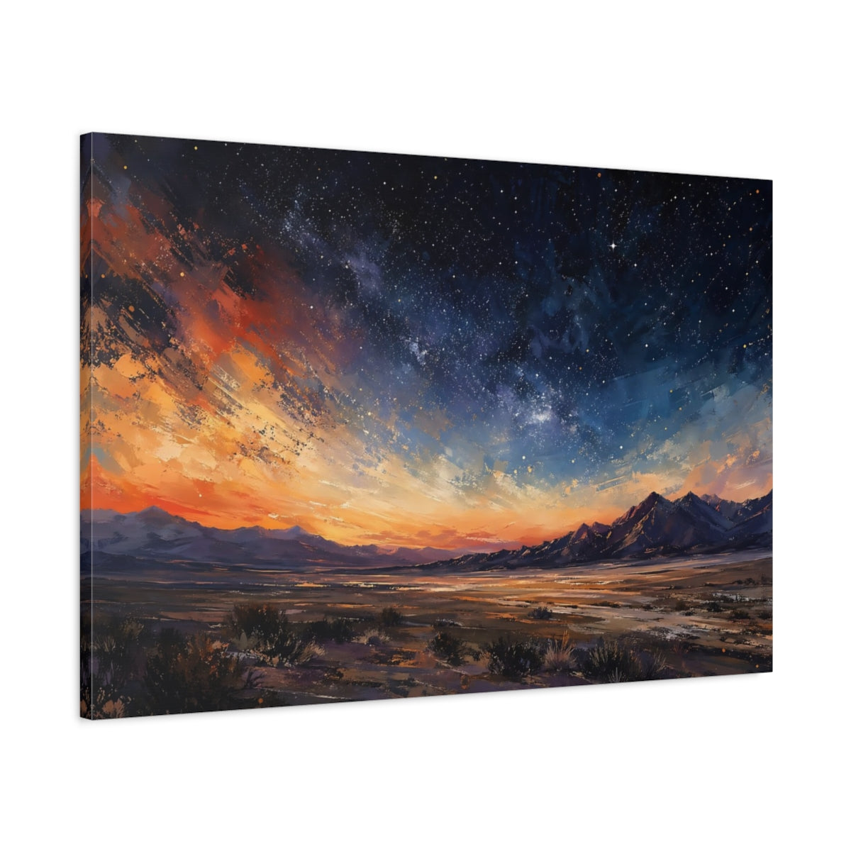 Main Mockup. Nature Starry Landscape Orange Blue Landscape shown as stretched canvas wall art