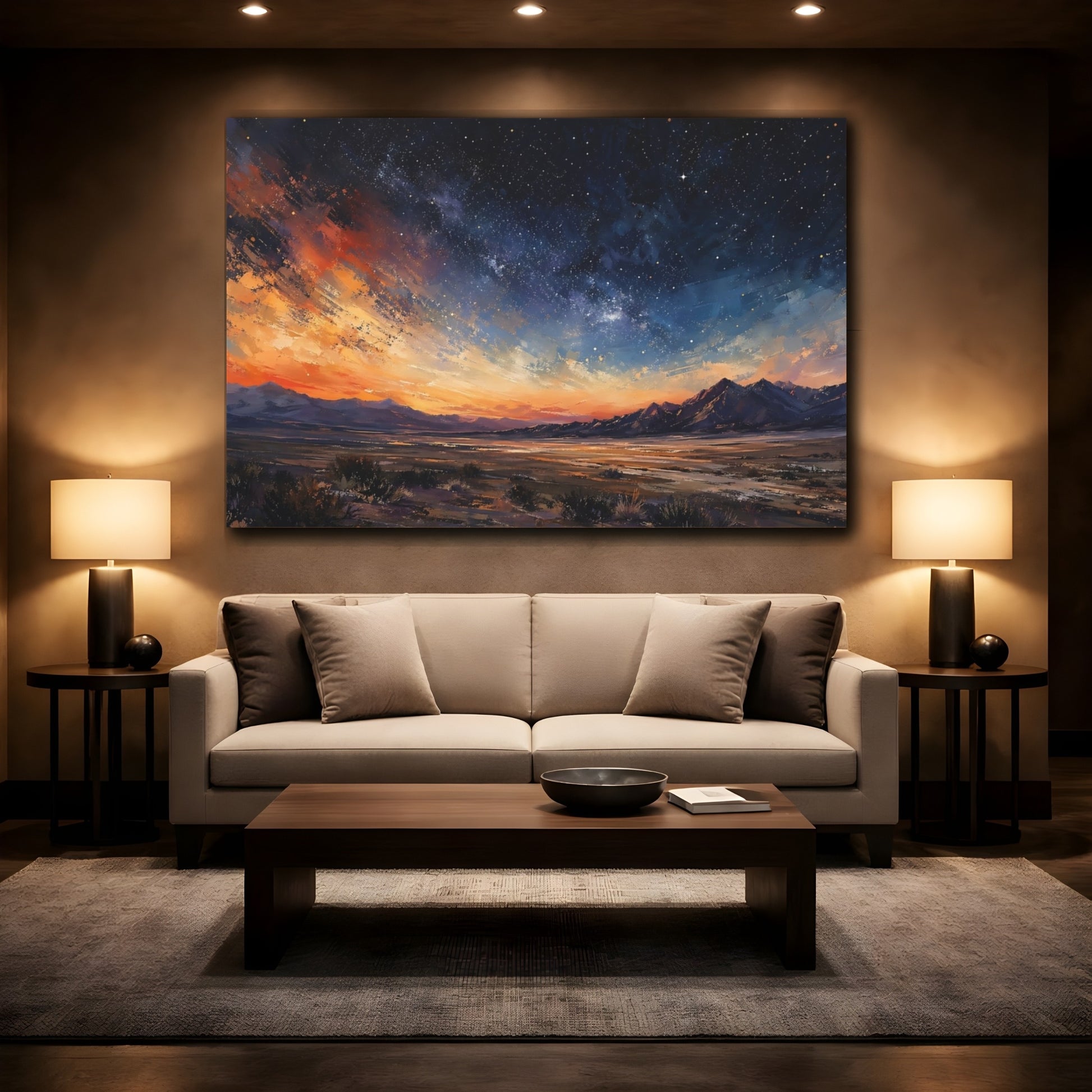 Mockup 2. Nature Starry Landscape Orange Blue Landscape shown as stretched canvas wall art
