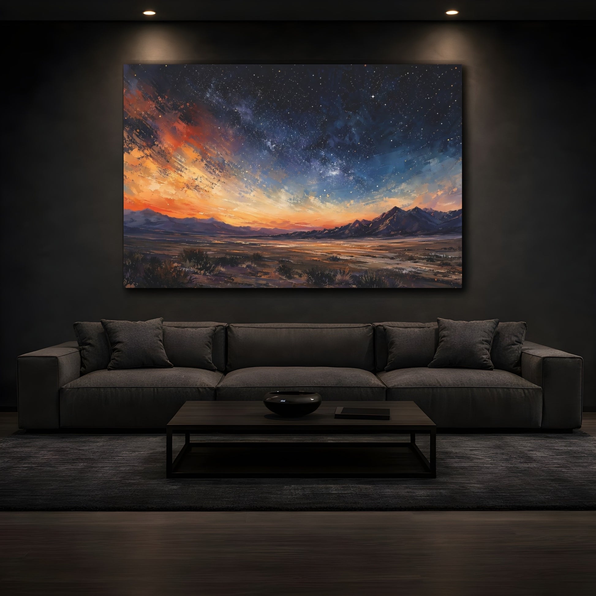 Mockup 3. Nature Starry Landscape Orange Blue Landscape shown as stretched canvas wall art