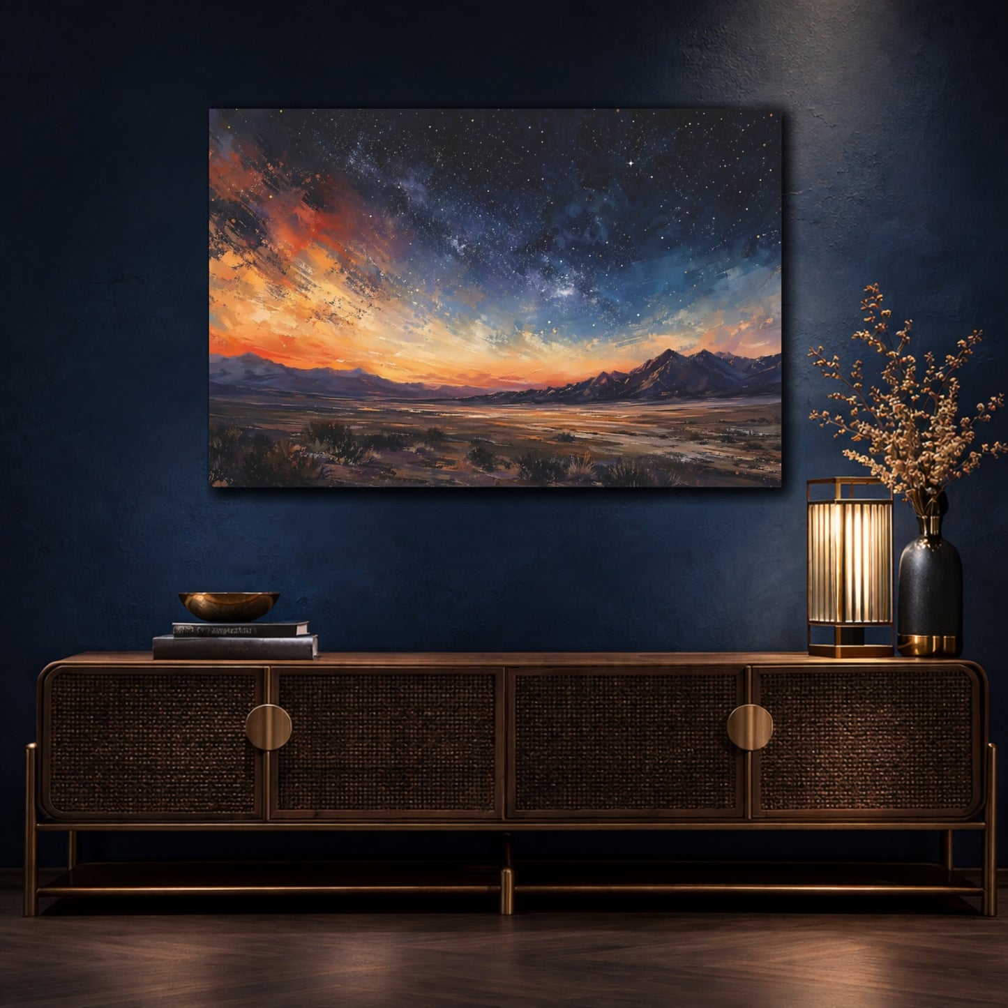 Mockup 4. Nature Starry Landscape Orange Blue Landscape shown as stretched canvas wall art