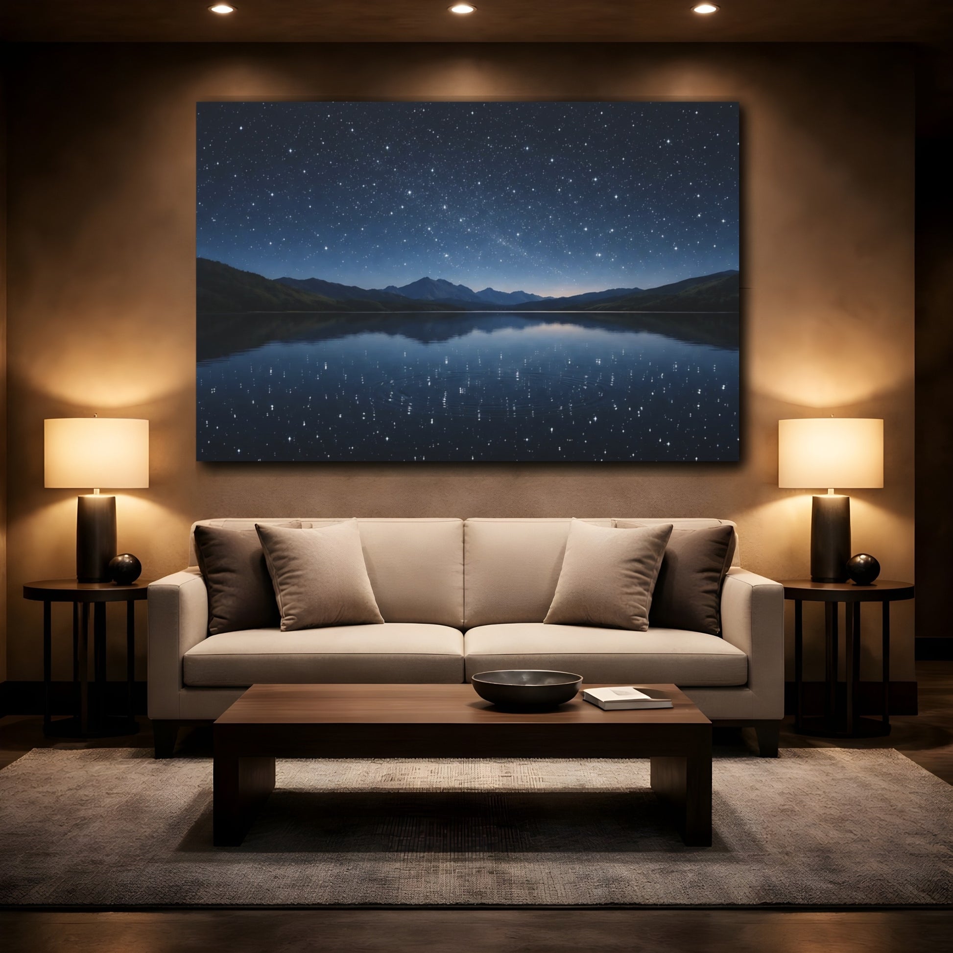 Mockup 2. Nature Starry Night Blue Night Sky shown as stretched canvas wall art