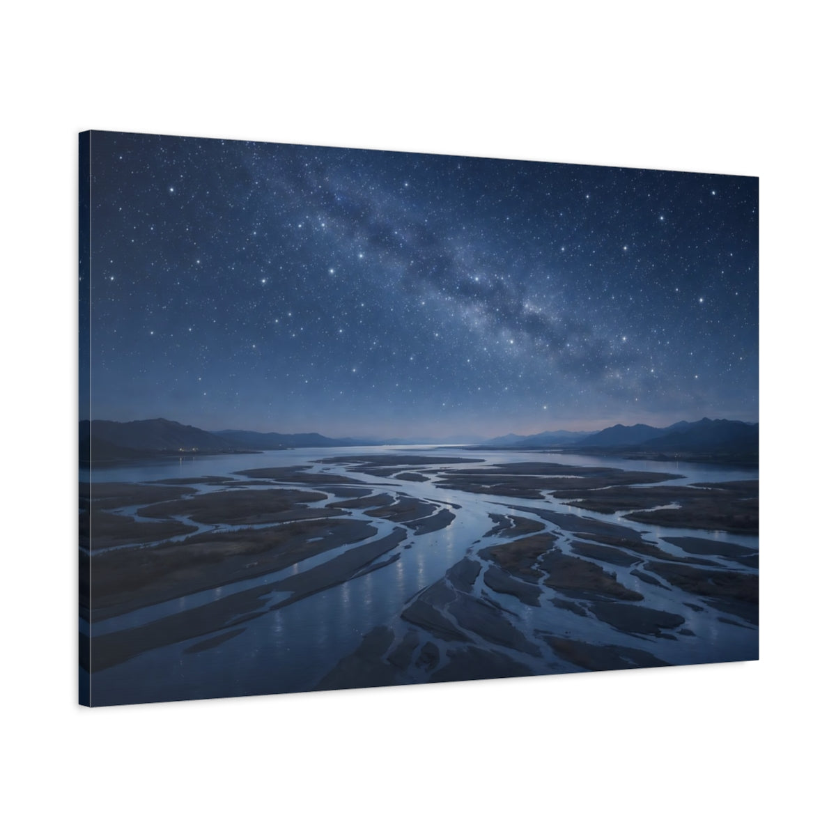 Main Mockup. Nature Starry River Blue Starry River shown as stretched canvas wall art