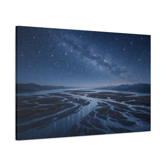 Main Mockup. Nature Starry River Blue Starry River shown as stretched canvas wall art