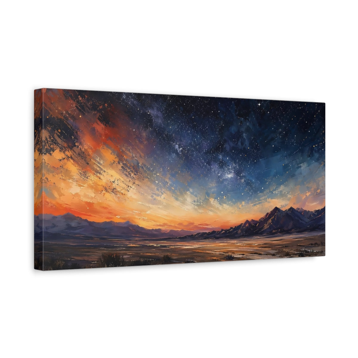 Side Mockup 3. Nature Starry Sky Orange And Blue shown as stretched canvas wall art