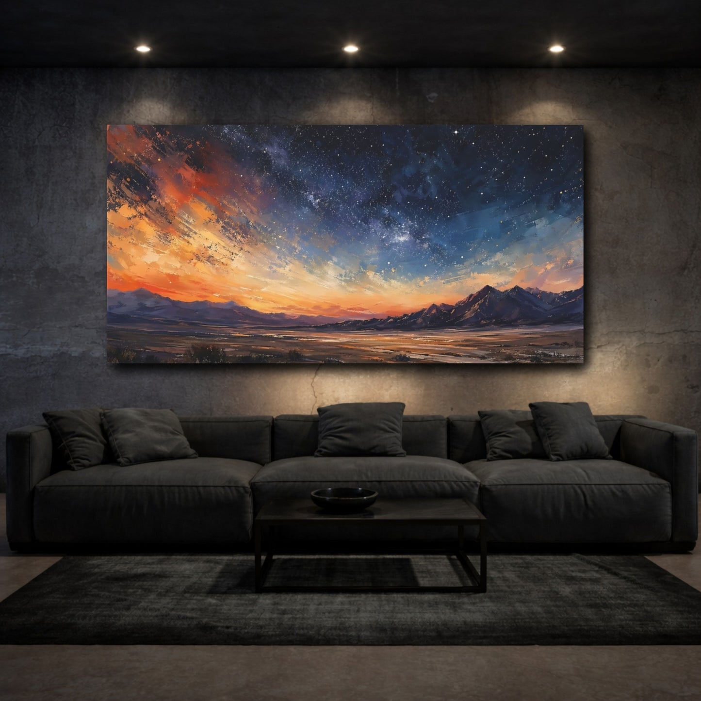 Mockup 2. Nature Starry Sky Orange And Blue shown as stretched canvas wall art