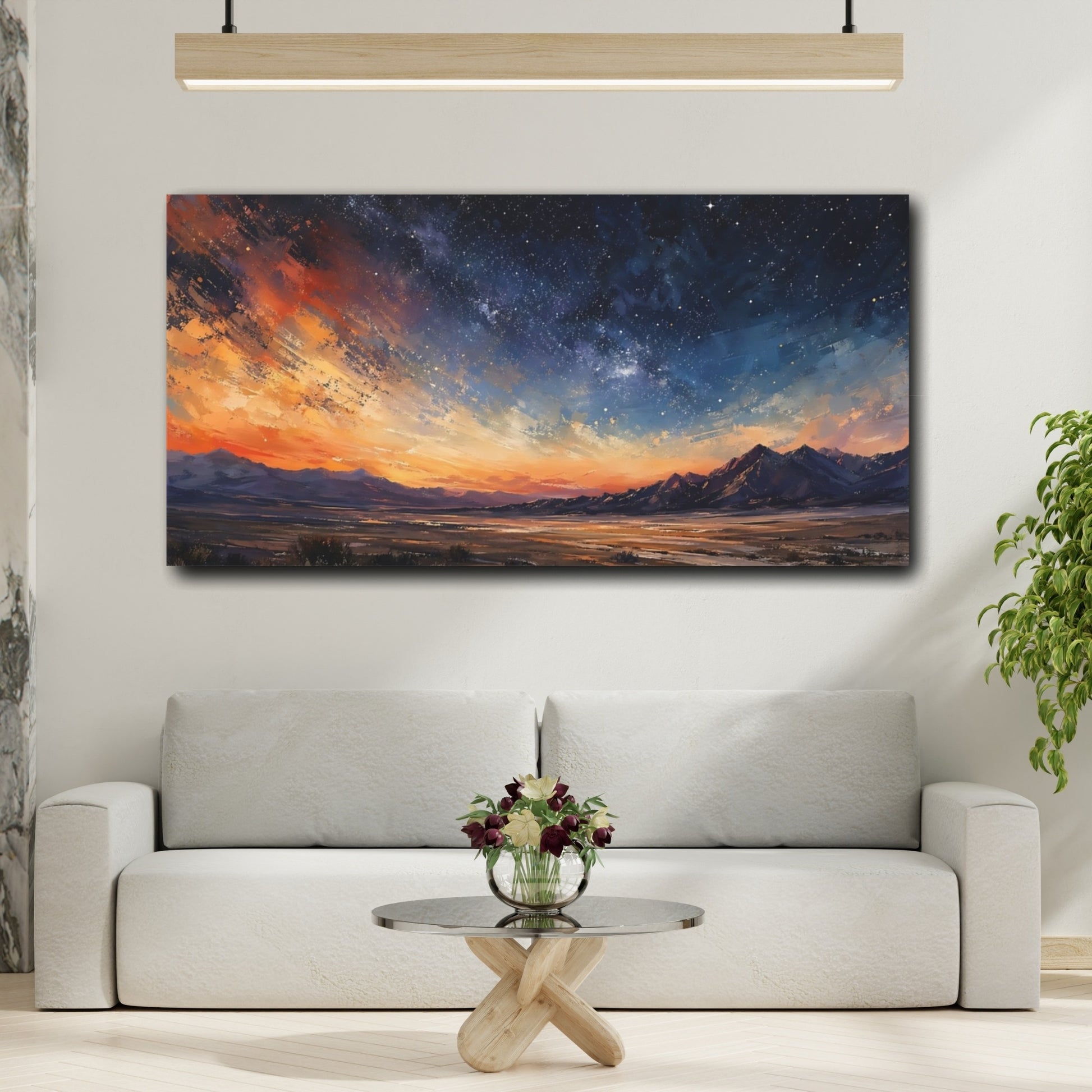 Mockup 3. Nature Starry Sky Orange And Blue shown as stretched canvas wall art