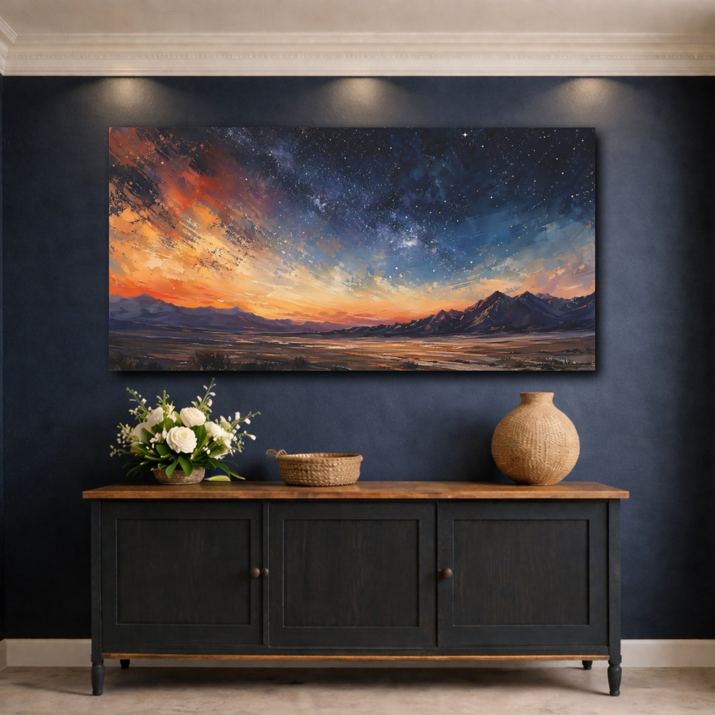 Mockup 4. Nature Starry Sky Orange And Blue shown as stretched canvas wall art