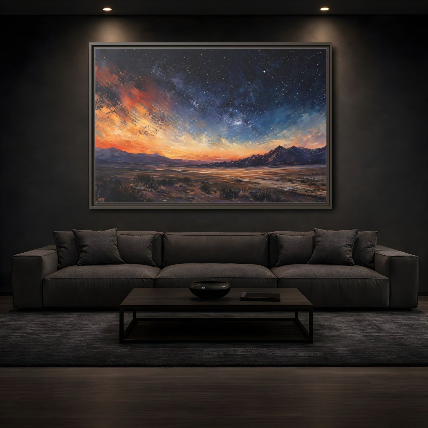 Nature Starry Sky Orange Blue Landscape Framed Canvas Print – Impressionistic Living Room, Above Fireplace - YesArtYes