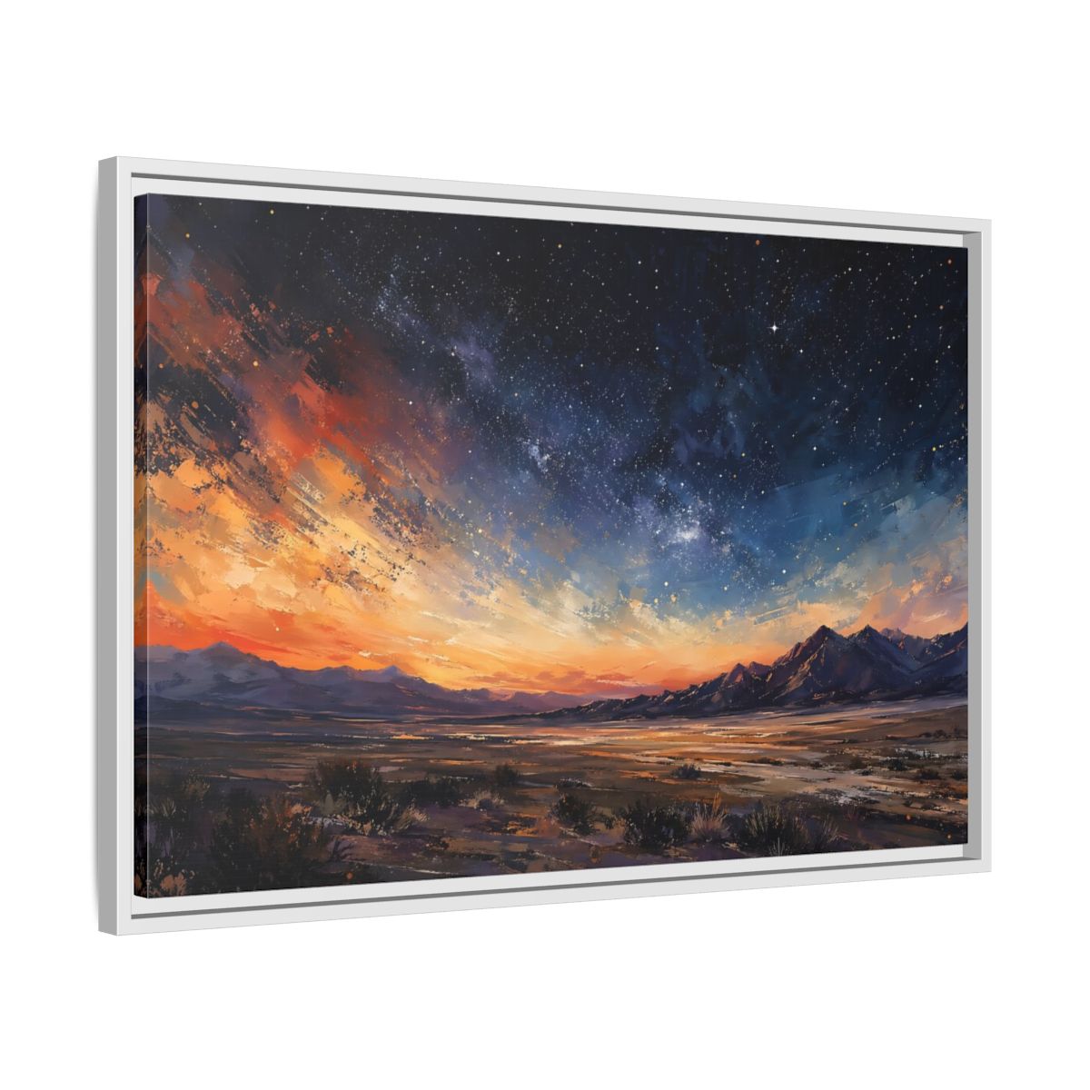 Nature Starry Sky Orange Blue Landscape Framed Canvas Print – Impressionistic Living Room, Above Fireplace - YesArtYes