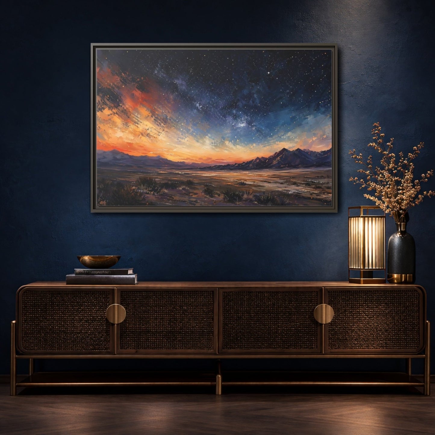 Nature Starry Sky Orange Blue Landscape Framed Canvas Print – Impressionistic Living Room, Above Fireplace - YesArtYes
