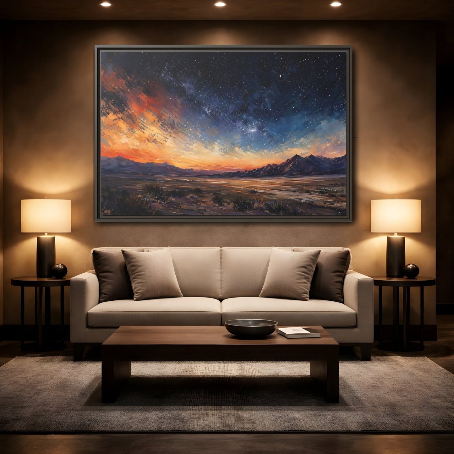 Nature Starry Sky Orange Blue Landscape Framed Canvas Print – Impressionistic Living Room, Above Fireplace - YesArtYes