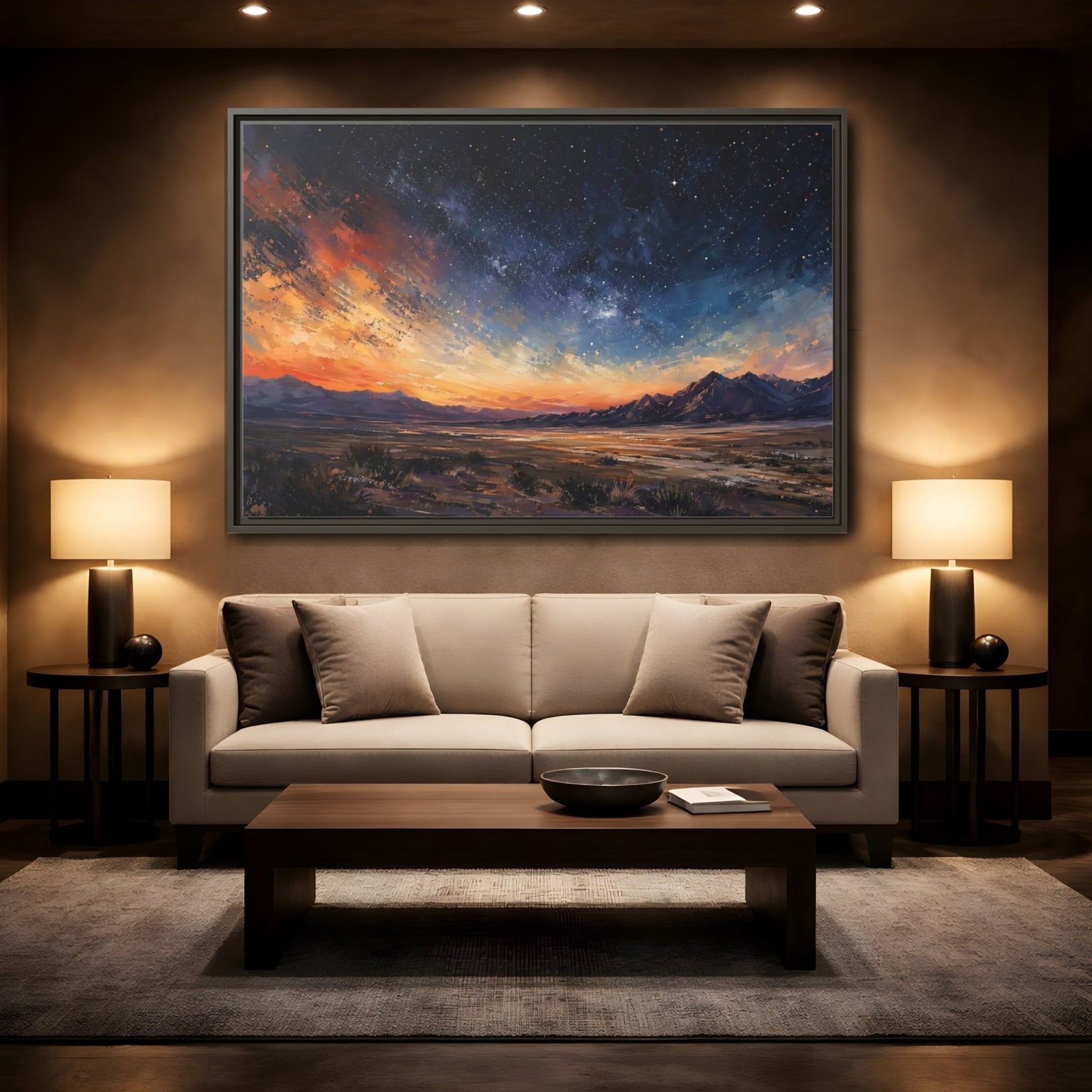Nature Starry Sky Orange Blue Landscape Framed Canvas Print – Impressionistic Living Room, Above Fireplace - YesArtYes