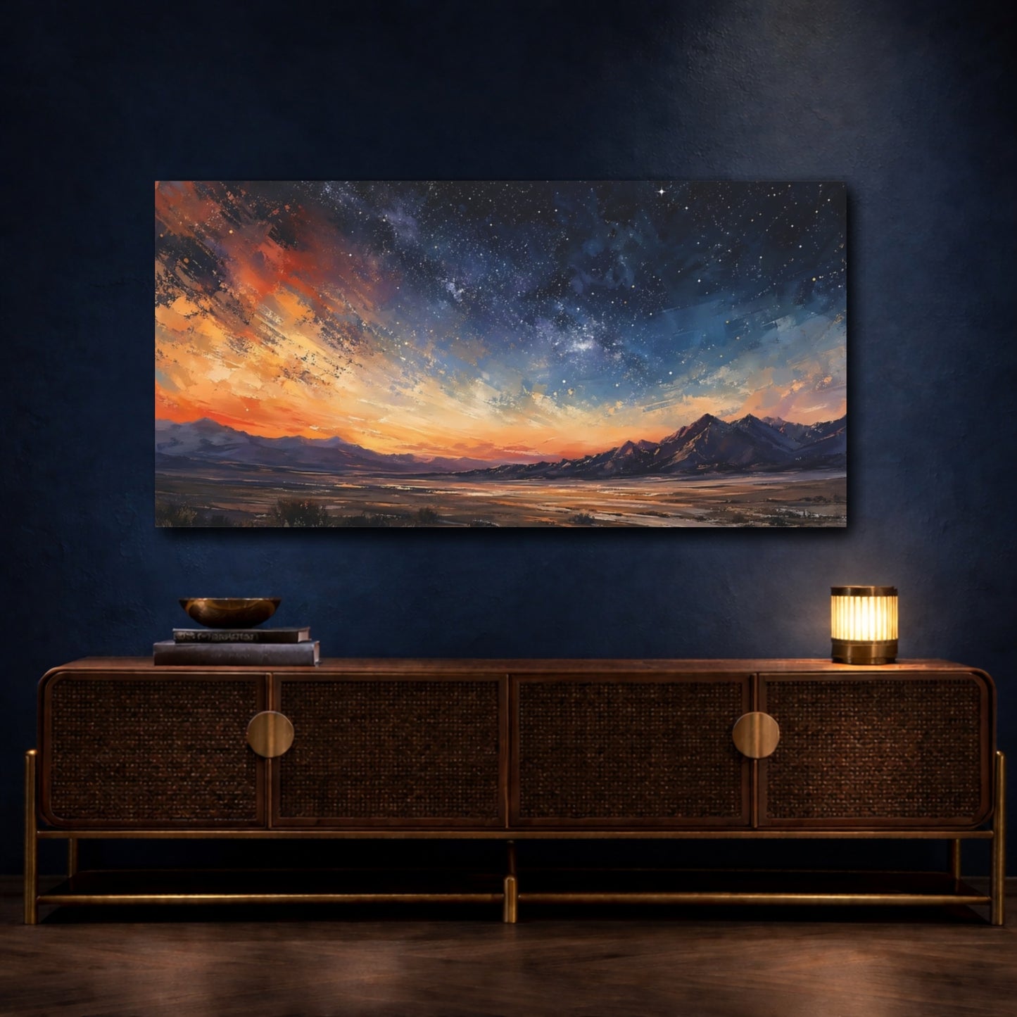 Mockup 4. Nature Starry Sky Orange Blue Sky shown as stretched canvas wall art