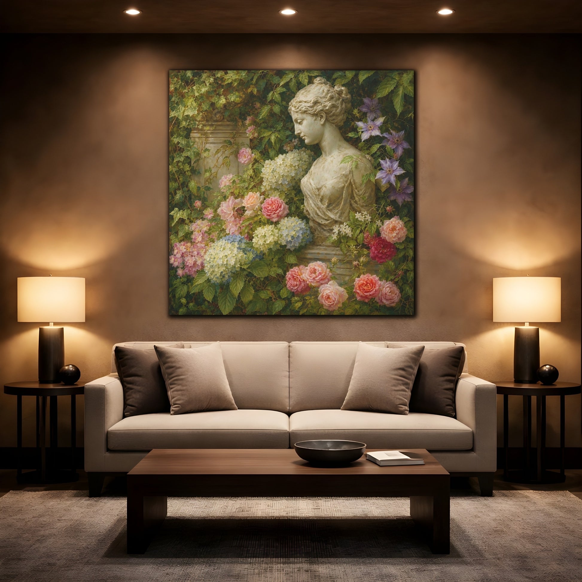 Mockup 2. Nature Statue Bust Classical Garden Bust shown as stretched canvas wall art
