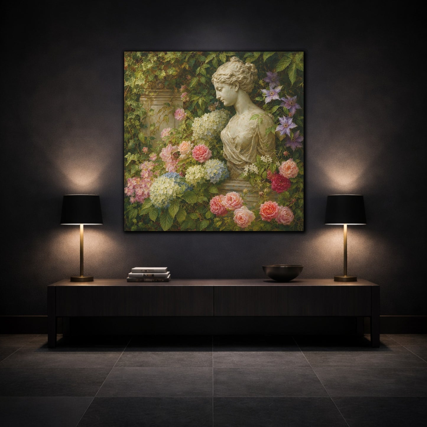 Mockup 3. Nature Statue Bust Classical Garden Bust shown as stretched canvas wall art