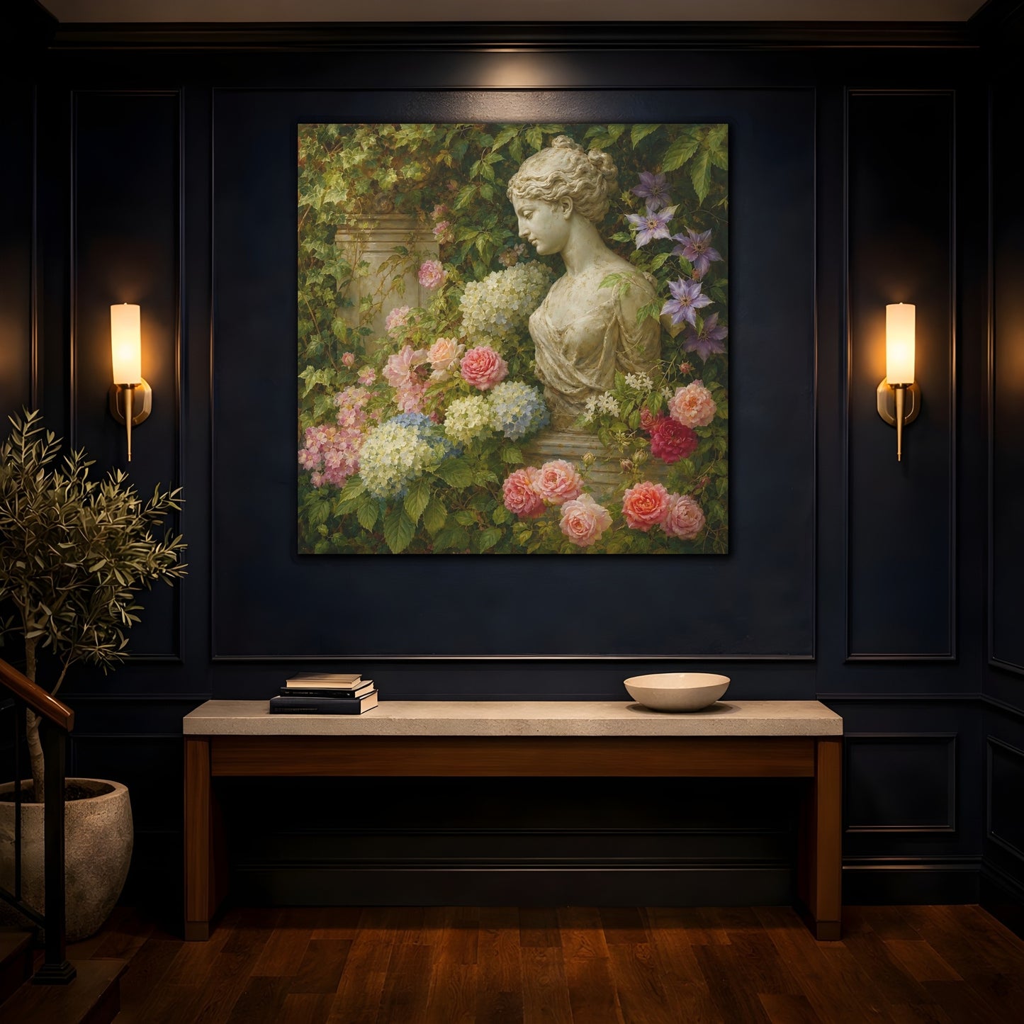Mockup 4. Nature Statue Bust Classical Garden Bust shown as stretched canvas wall art