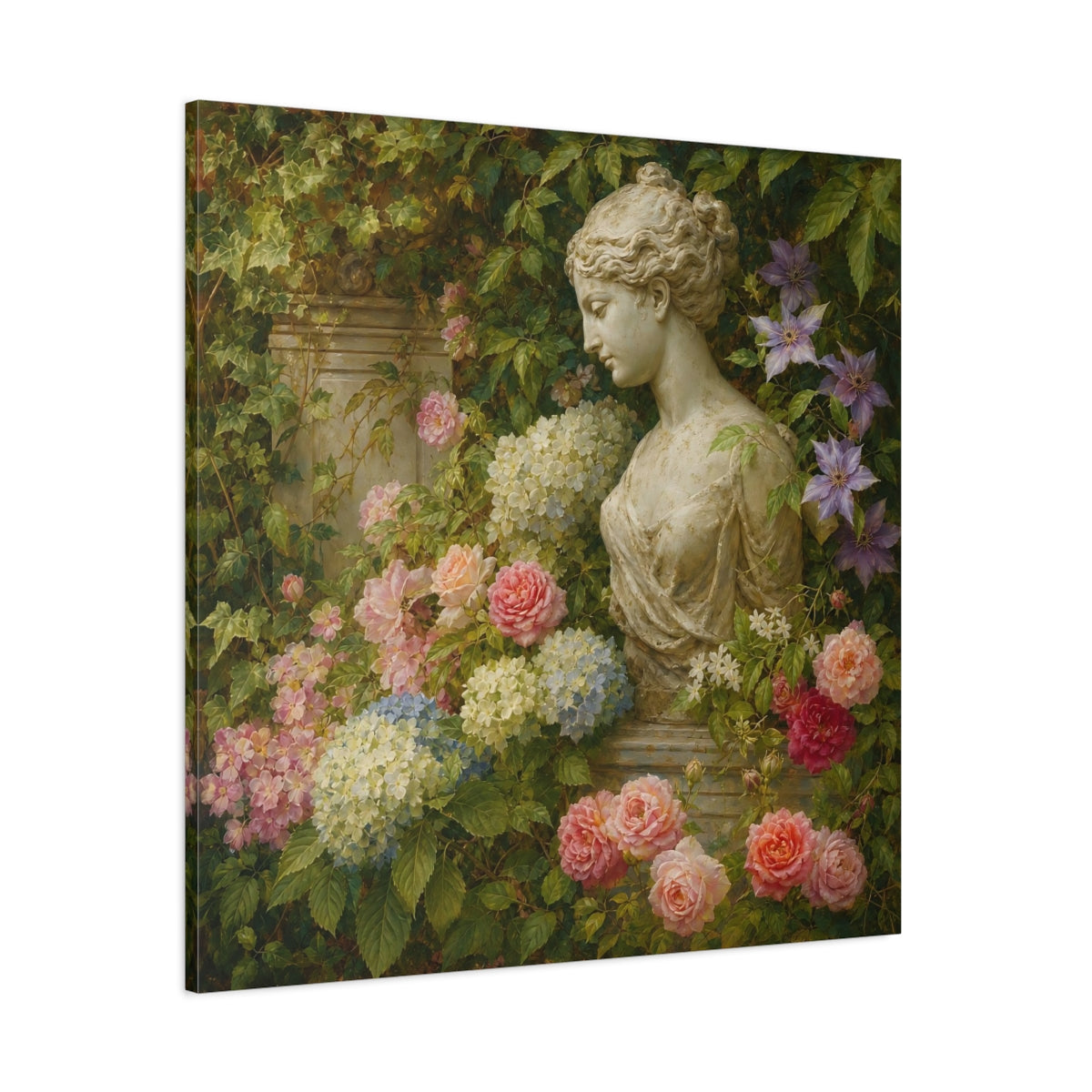 Side Mockup 1. Nature Statue Bust Classical Garden Bust shown as stretched canvas wall art
