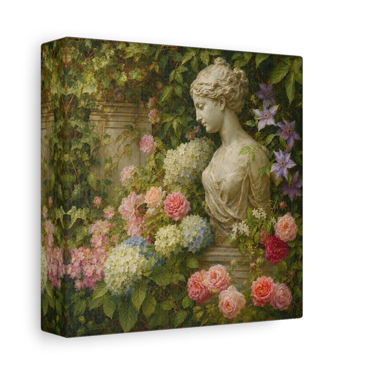 Side Mockup 2. Nature Statue Bust Classical Garden Bust shown as stretched canvas wall art