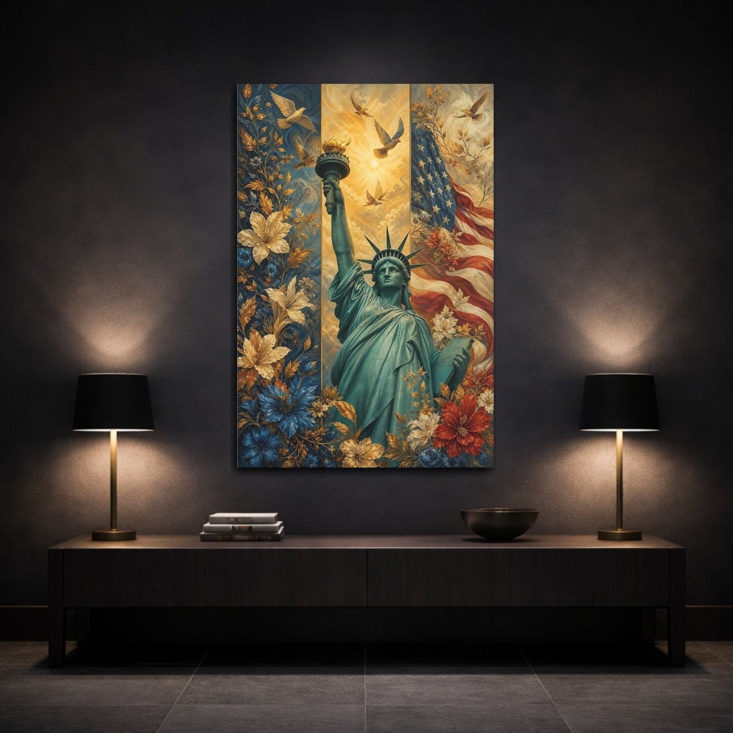 Nature Statue Of Liberty Floral Canvas Wall Art Print – Living Room Decor, Above Console Table - YesArtYes