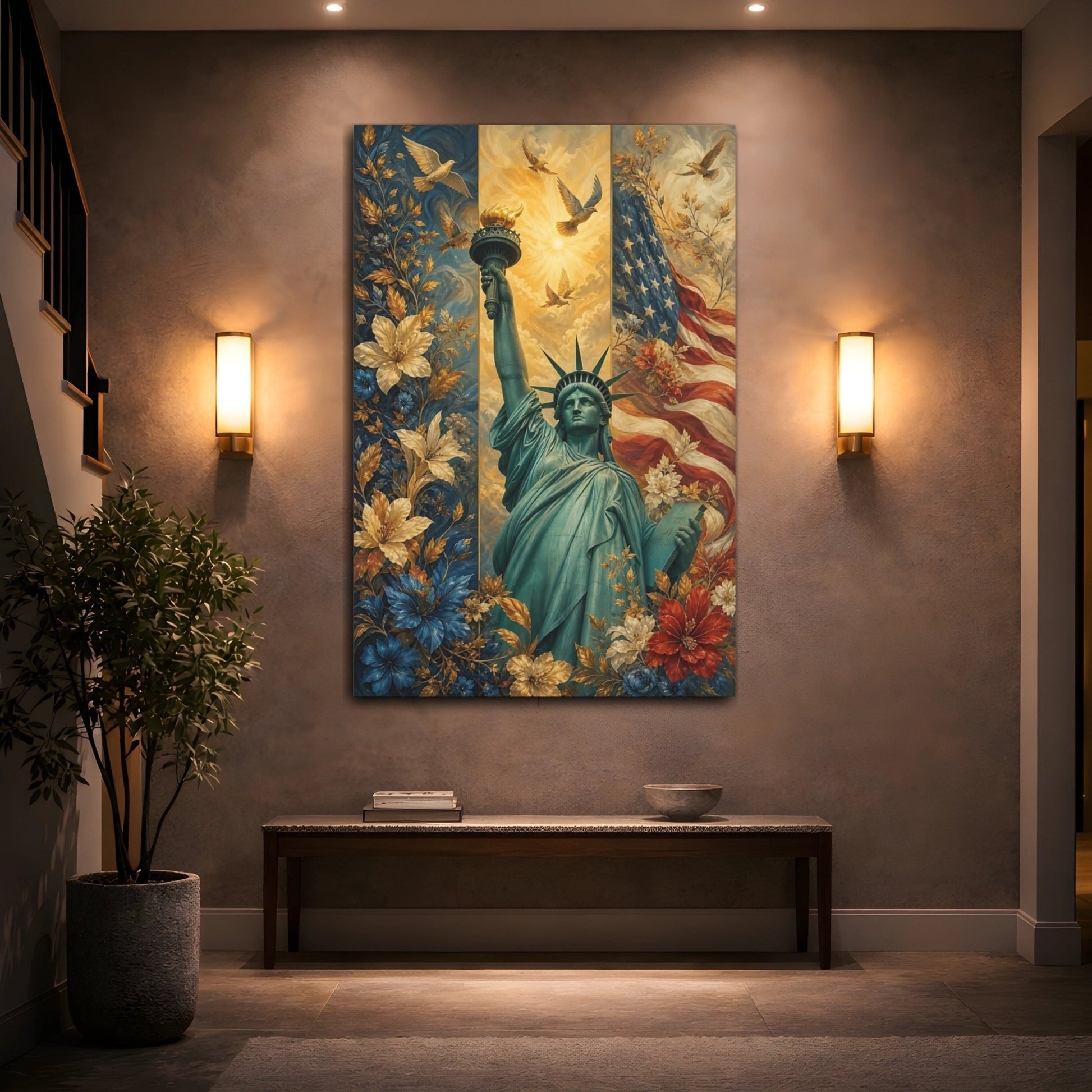 Nature Statue Of Liberty Floral Canvas Wall Art Print – Living Room Decor, Above Console Table - YesArtYes