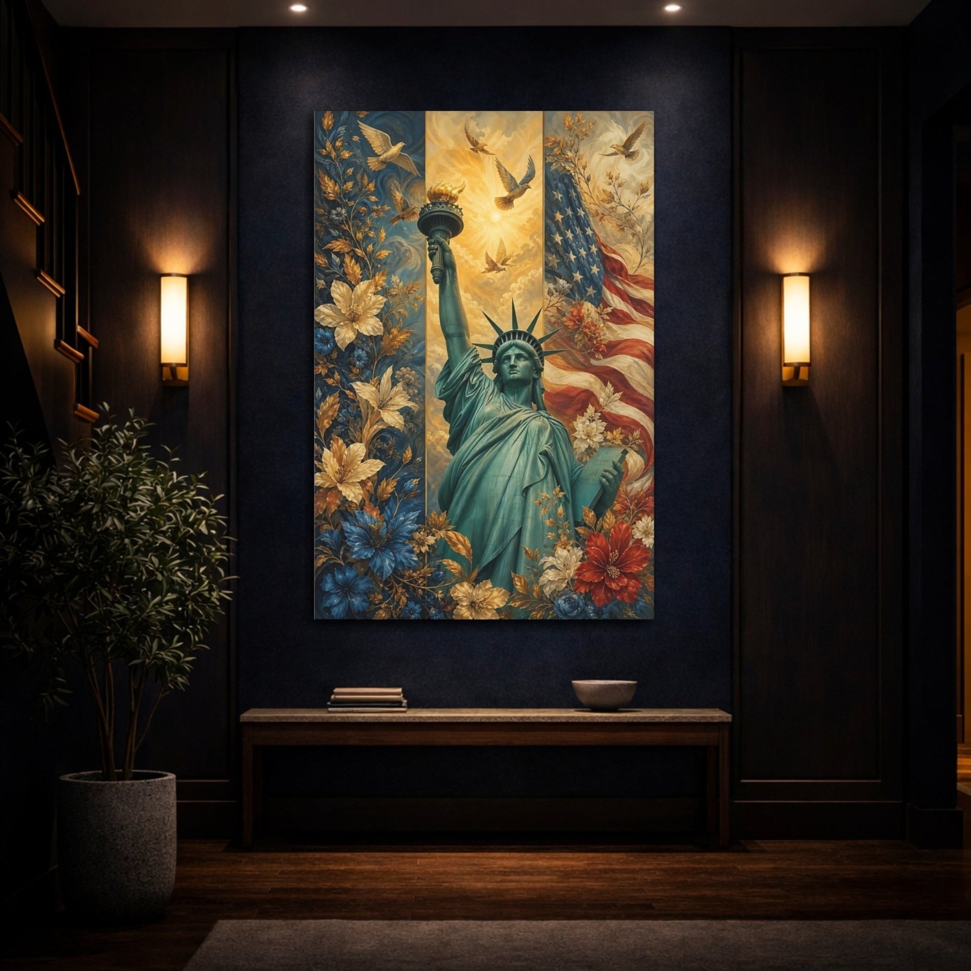 Nature Statue Of Liberty Floral Canvas Wall Art Print – Living Room Decor, Above Console Table - YesArtYes
