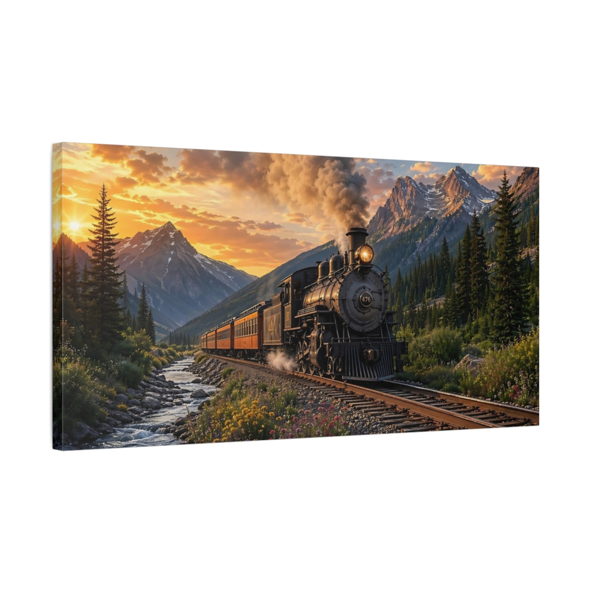 Side Mockup 1. Nature Steam Train Mountain Train Sunset shown as stretched canvas wall art
