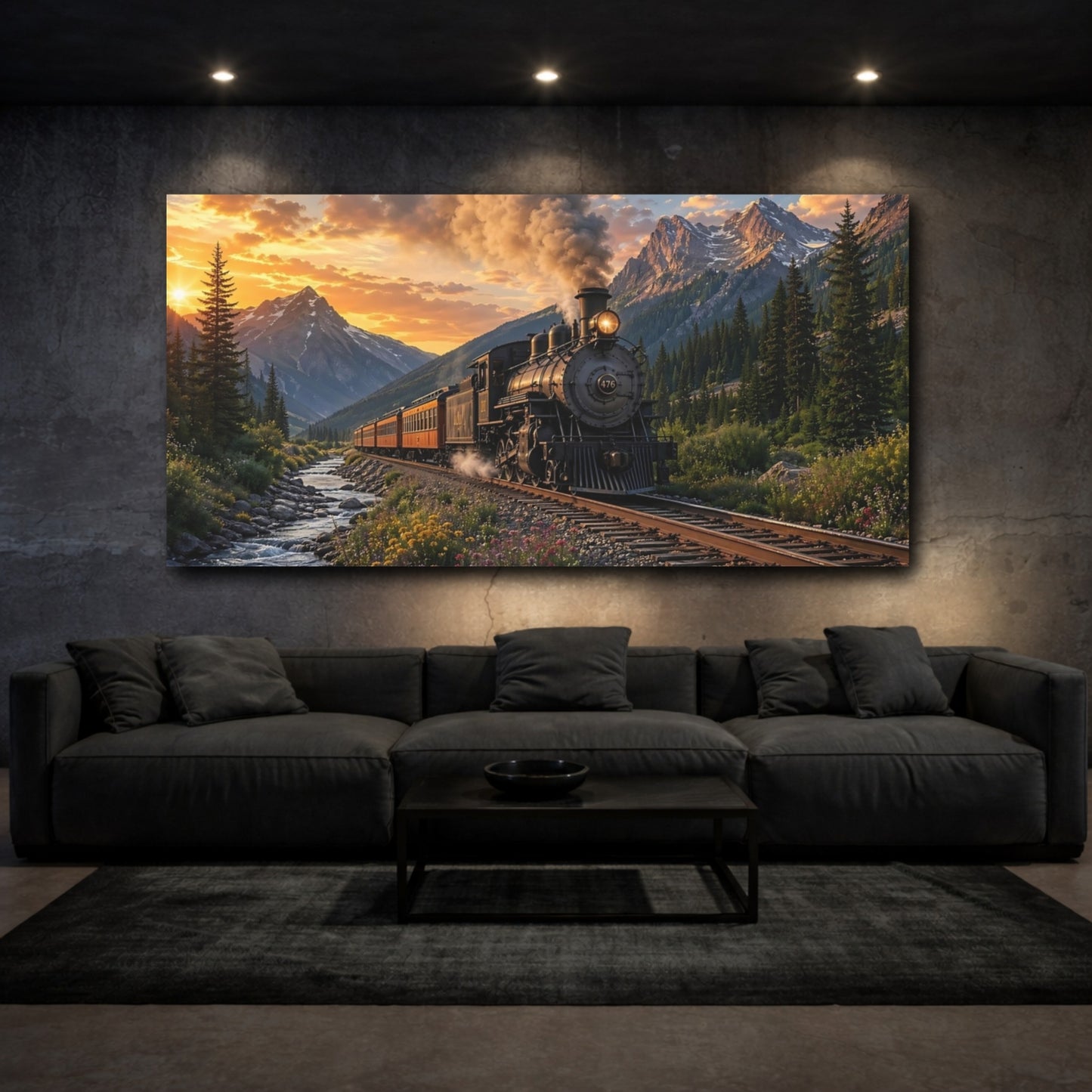 Mockup 2. Nature Steam Train Mountain Train Sunset shown as stretched canvas wall art