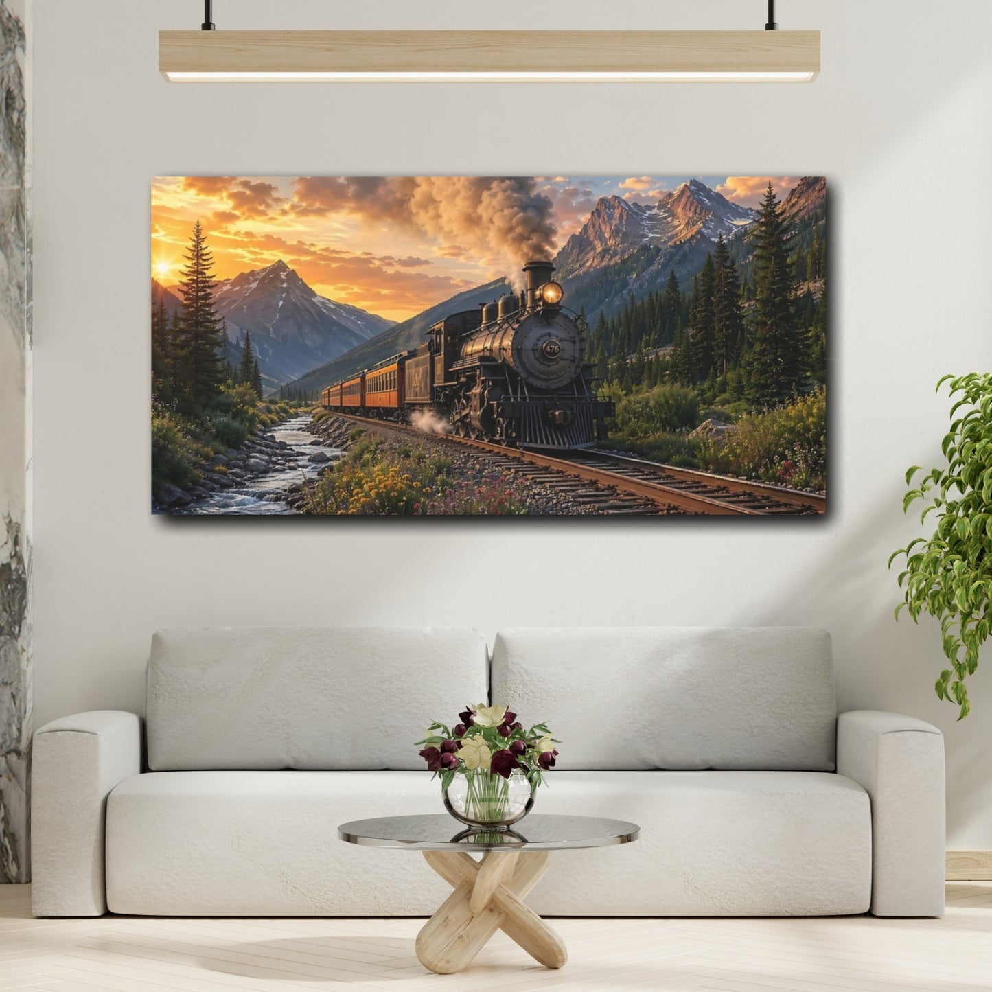 Mockup 3. Nature Steam Train Mountain Train Sunset shown as stretched canvas wall art