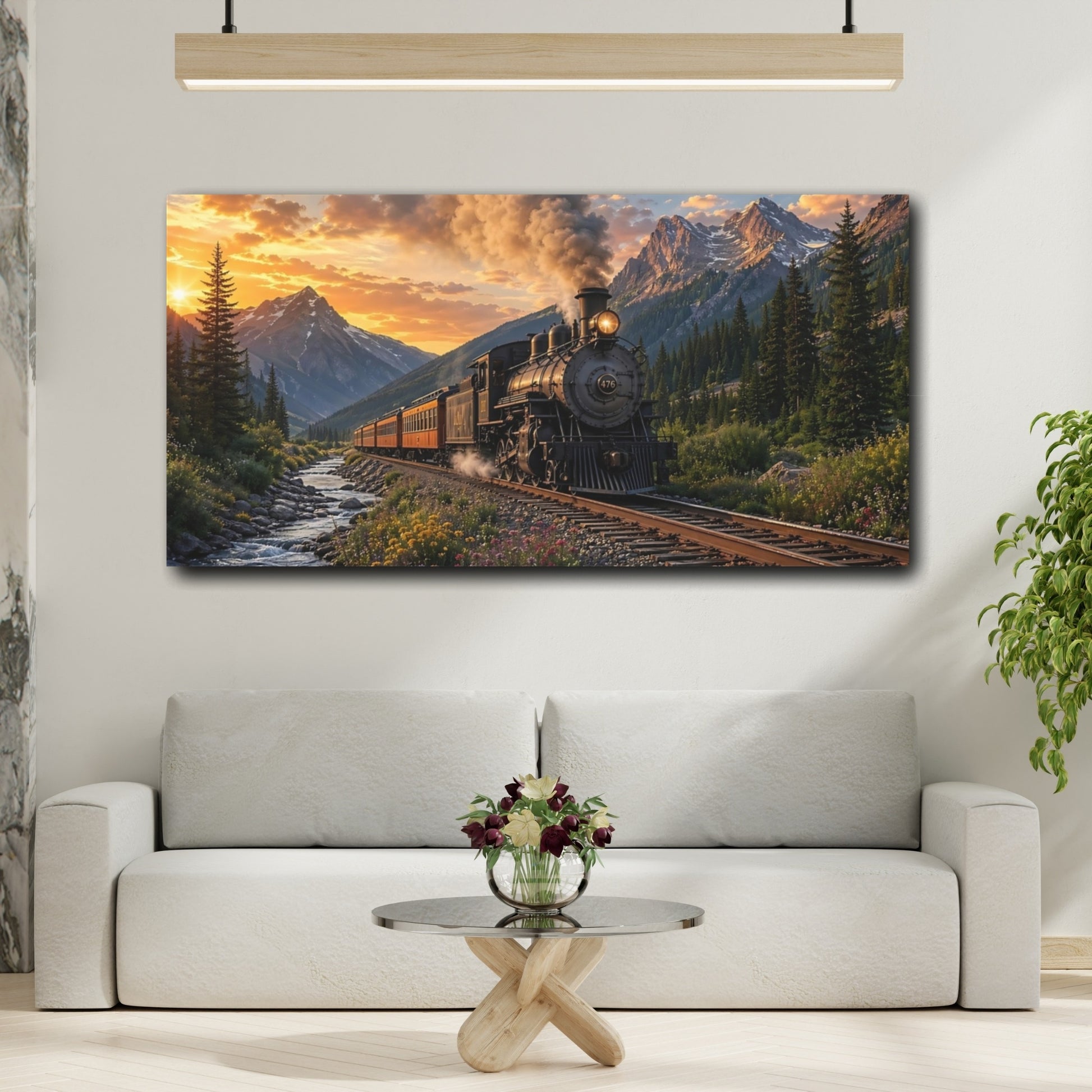 Mockup 3. Nature Steam Train Mountain Train Sunset shown as stretched canvas wall art