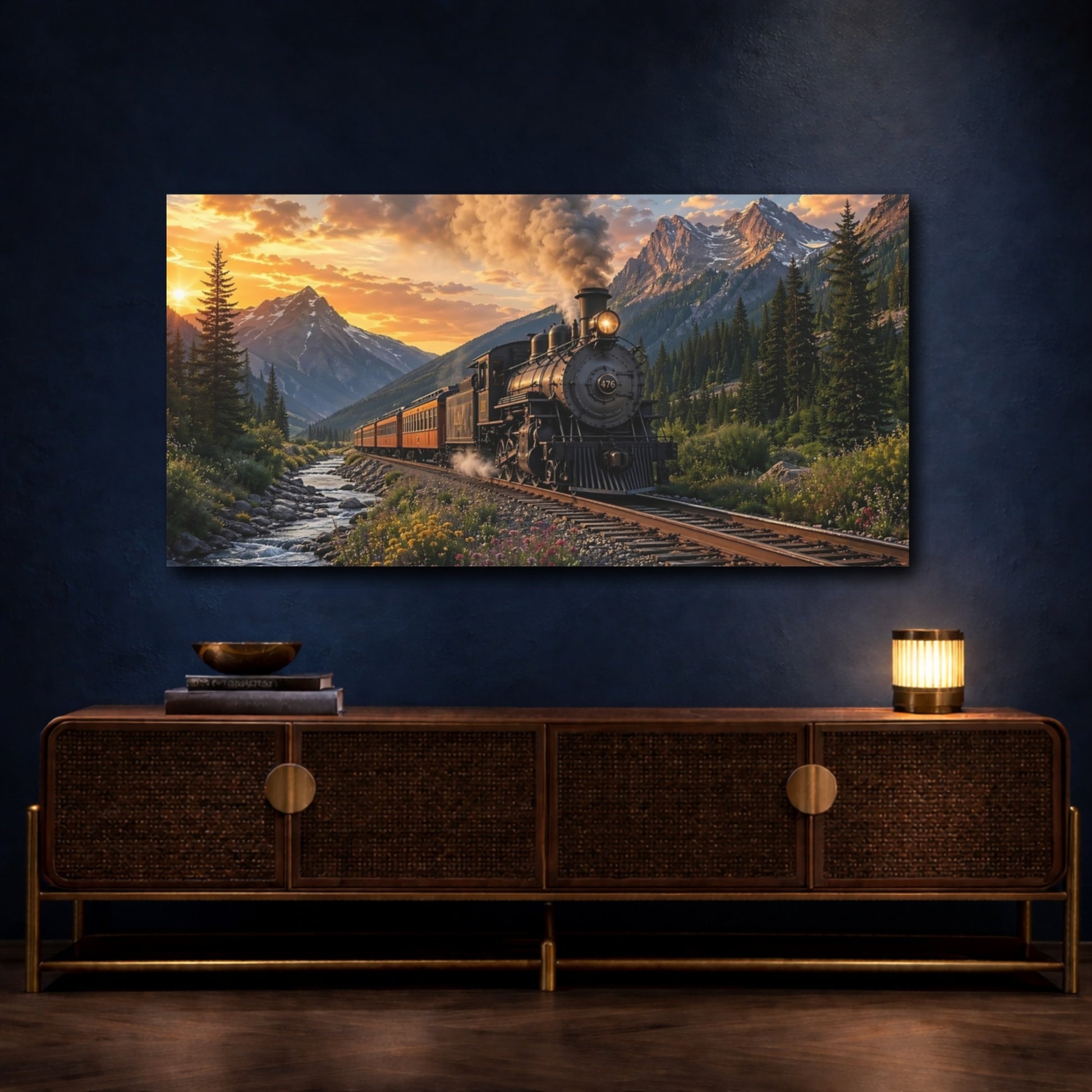 Mockup 4. Nature Steam Train Mountain Train Sunset shown as stretched canvas wall art