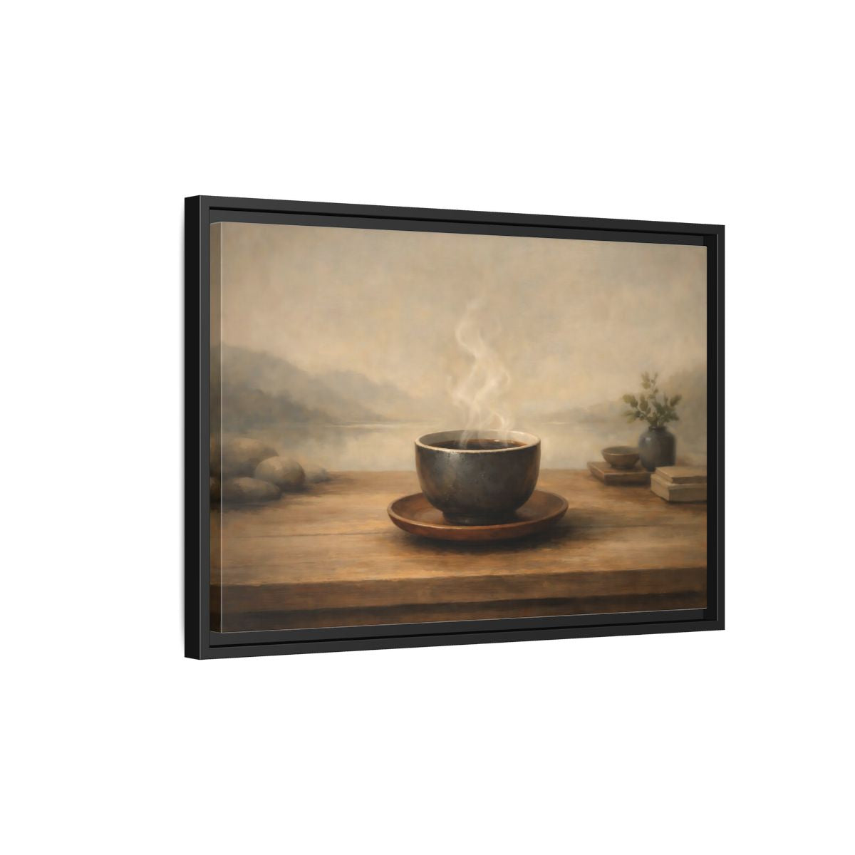 Side Mockup 3. Nature Steaming Cup Brown And Grey shown as stretched canvas wall art