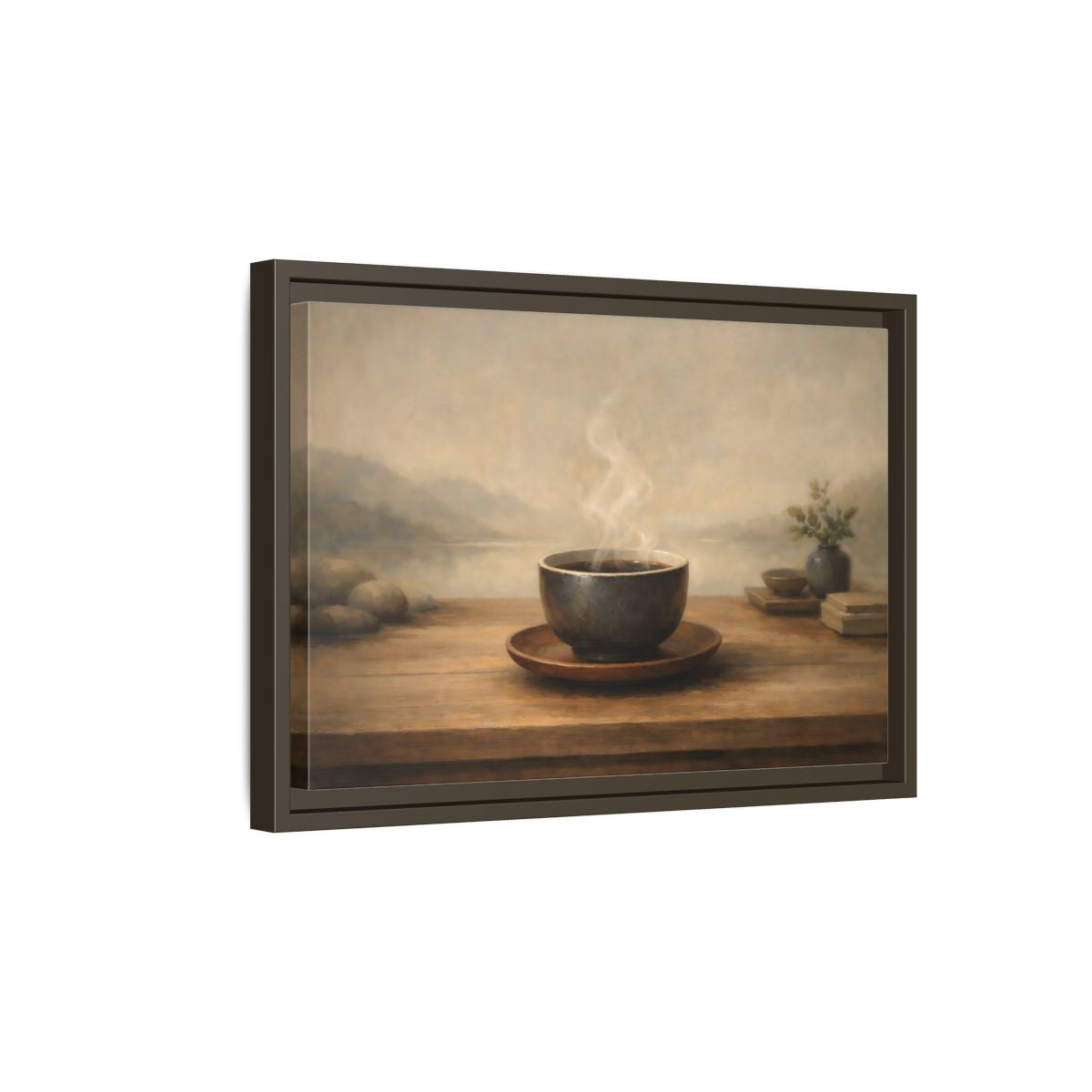 Side Mockup 5. Nature Steaming Cup Brown And Grey shown as stretched canvas wall art