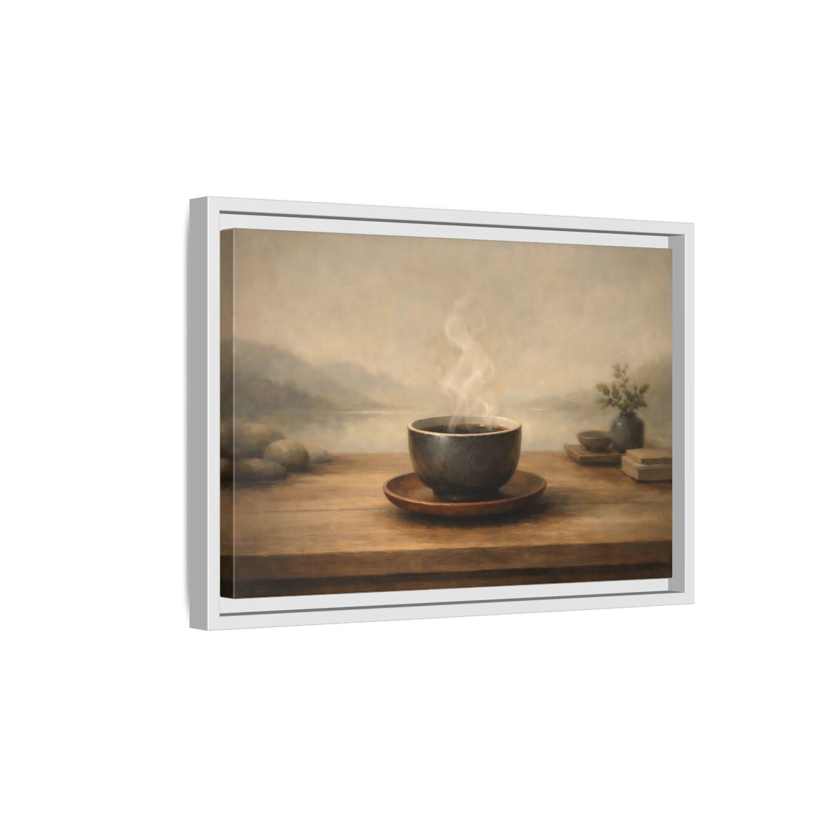 Side Mockup 4. Nature Steaming Cup Brown And Grey shown as stretched canvas wall art