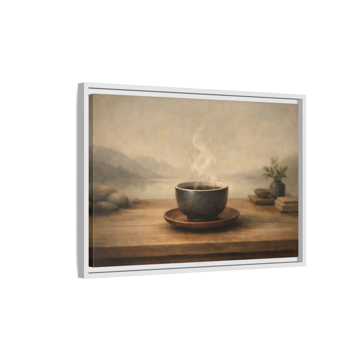 Side Mockup 1. Nature Steaming Cup Brown And Grey shown as stretched canvas wall art