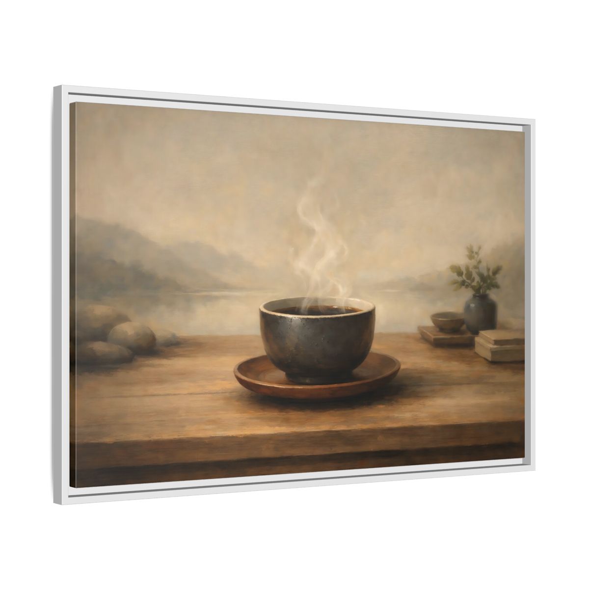 Side Mockup 8. Nature Steaming Cup Brown And Grey shown as stretched canvas wall art