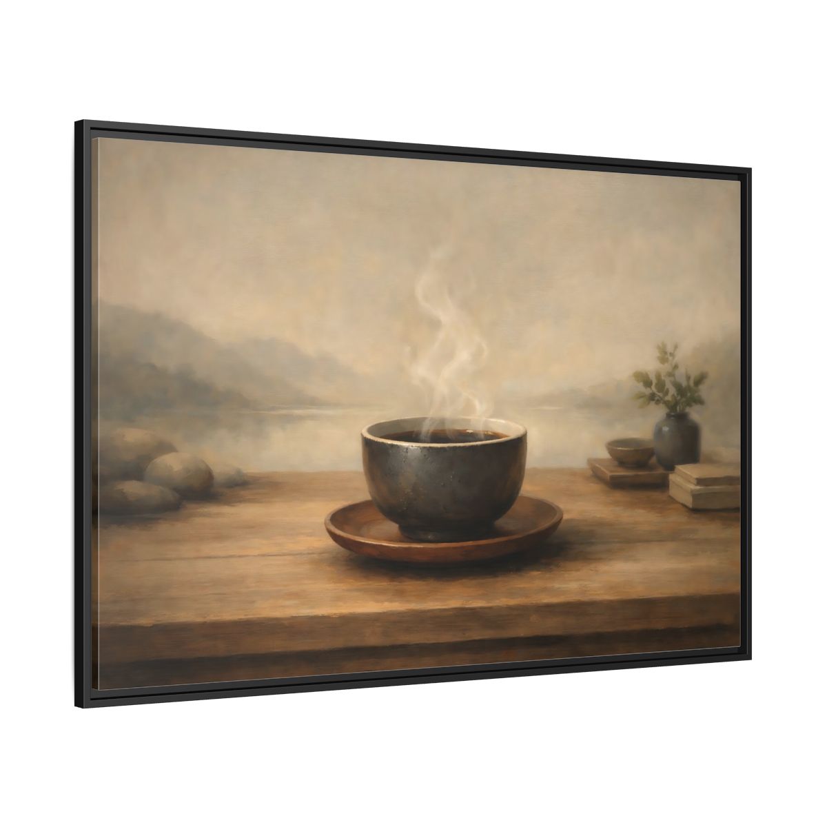 Side Mockup 12. Nature Steaming Cup Brown And Grey shown as stretched canvas wall art