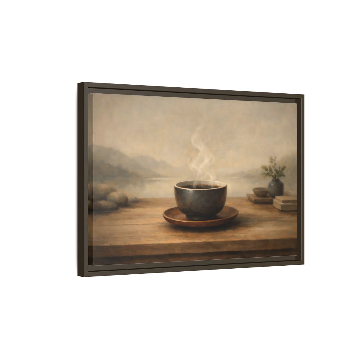 Side Mockup 2. Nature Steaming Cup Brown And Grey shown as stretched canvas wall art